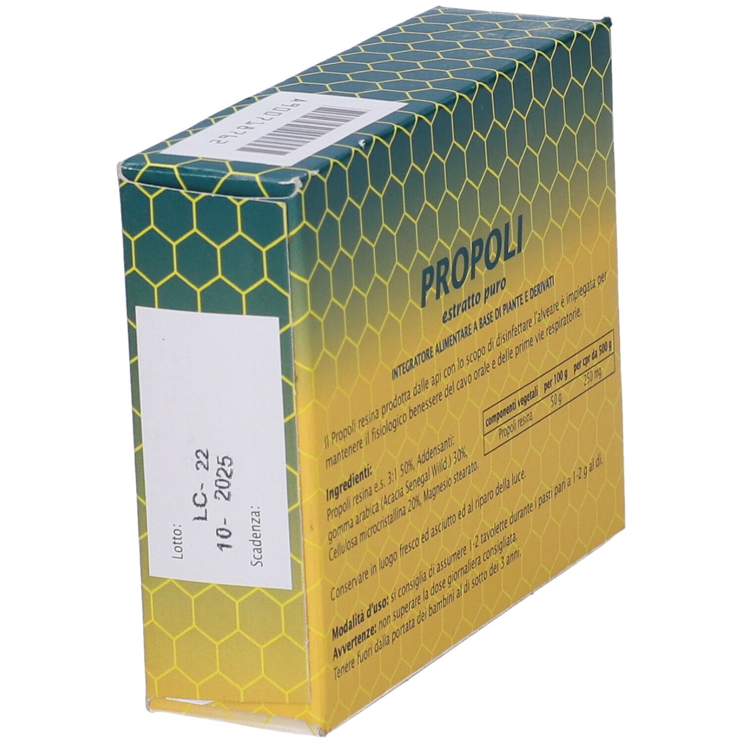 Vista angolata della scatola "Propoli". Design verde-giallo, informazioni e scadenza.