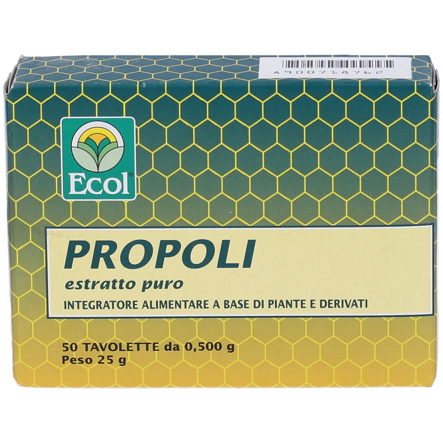Scatola di compresse "Propoli". Design verde-giallo, nome, logo e informazioni.