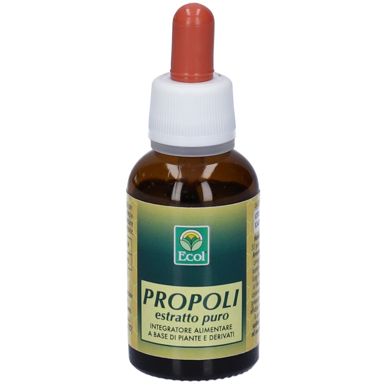 Flacone di vetro marrone con contagocce. Scritta: Propoli, estratto puro. Marchio: Ecol.