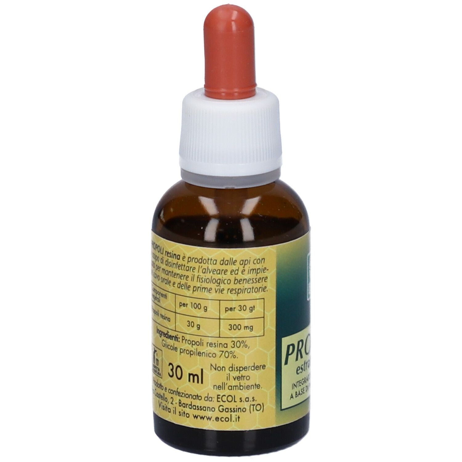 Flacone di vetro marrone con contagocce. Scritta: Propoli, estratto puro. Marchio: Ecol. Testo sul retro.