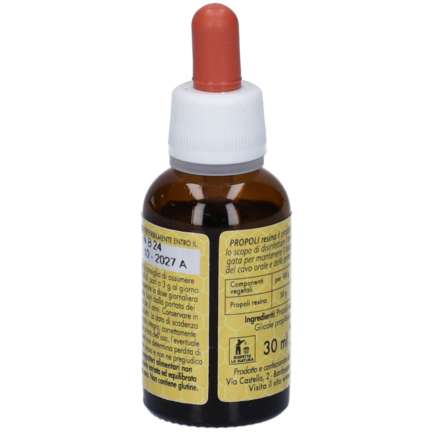 Flacone di vetro marrone con contagocce. Scritta: Propoli, estratto puro. Marchio: Ecol. Testo sul retro.