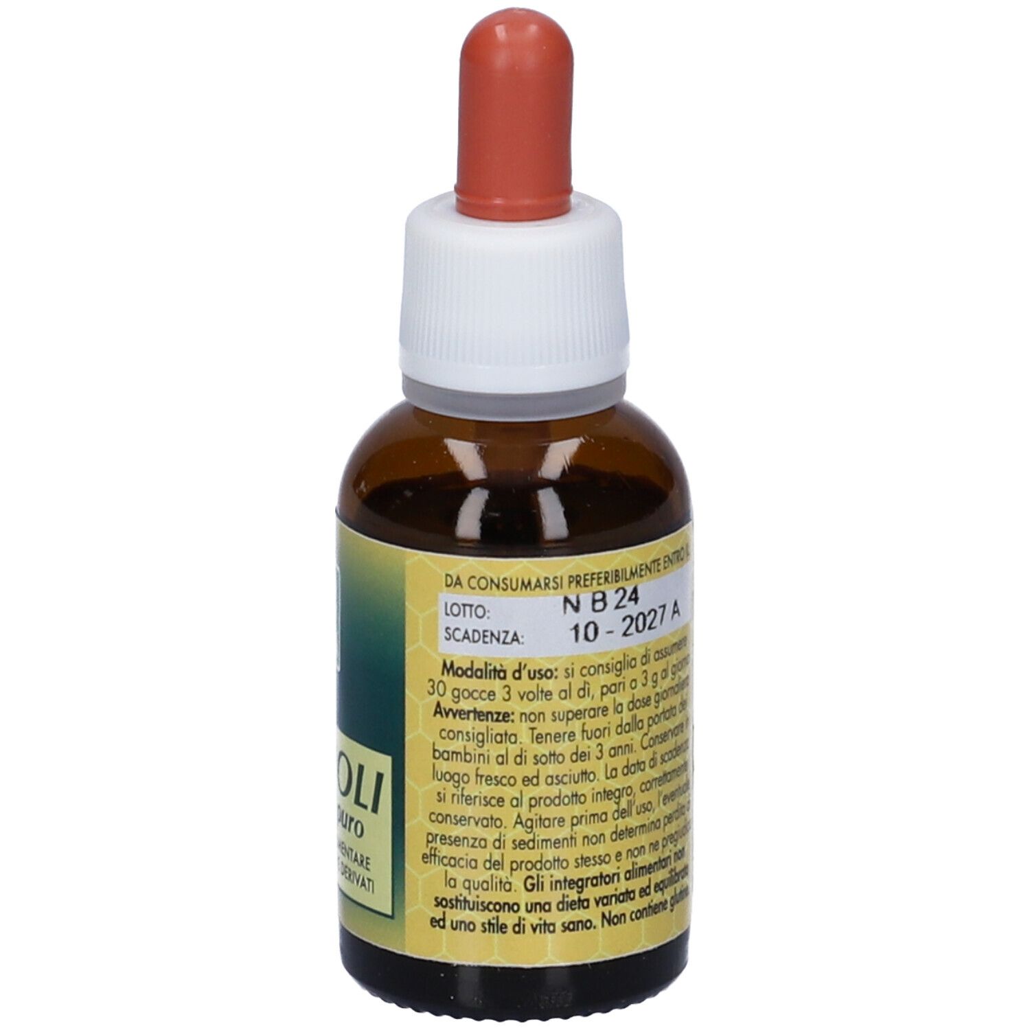 Flacone di vetro marrone con contagocce. Scritta: Propoli, estratto puro. Marchio: Ecol. Testo sul retro.