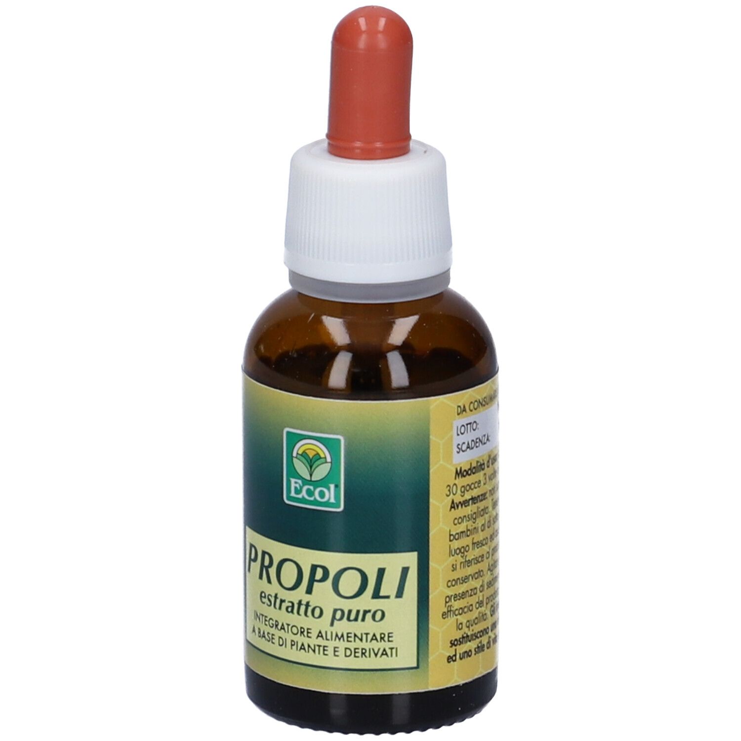 Flacone di vetro marrone con contagocce. Scritta: Propoli, estratto puro. Marchio: Ecol. Testo sul retro.