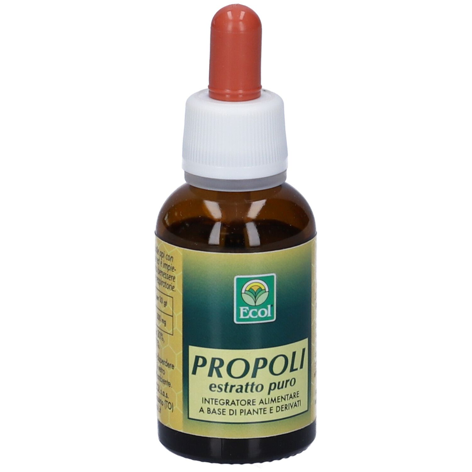 Flacone di vetro marrone con contagocce. Scritta: Propoli, estratto puro. Marchio: Ecol. Testo sul retro.