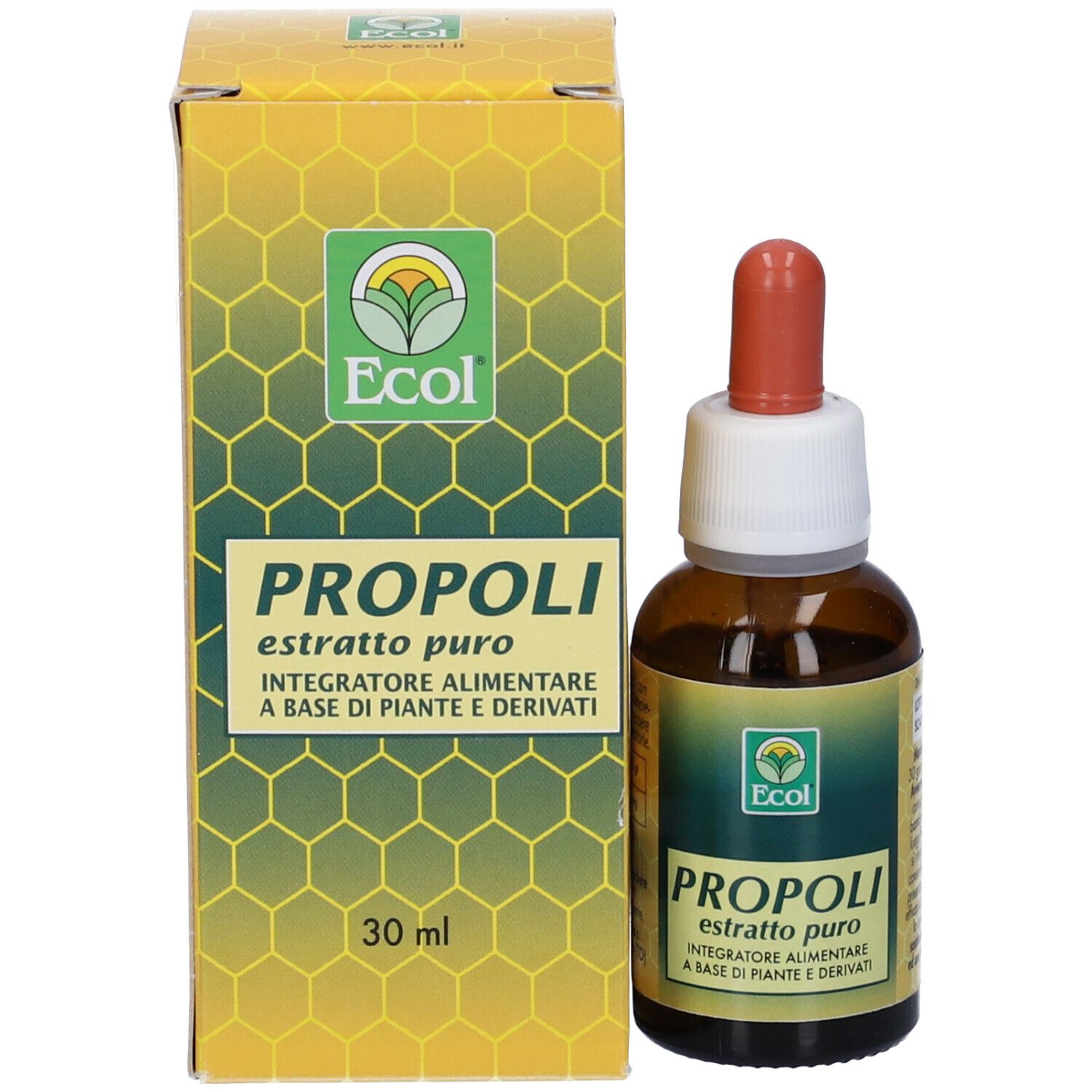 Flacone di vetro marrone con contagocce e confezione gialla. Scritta: Propoli, 30 ml. Marchio: Ecol.
