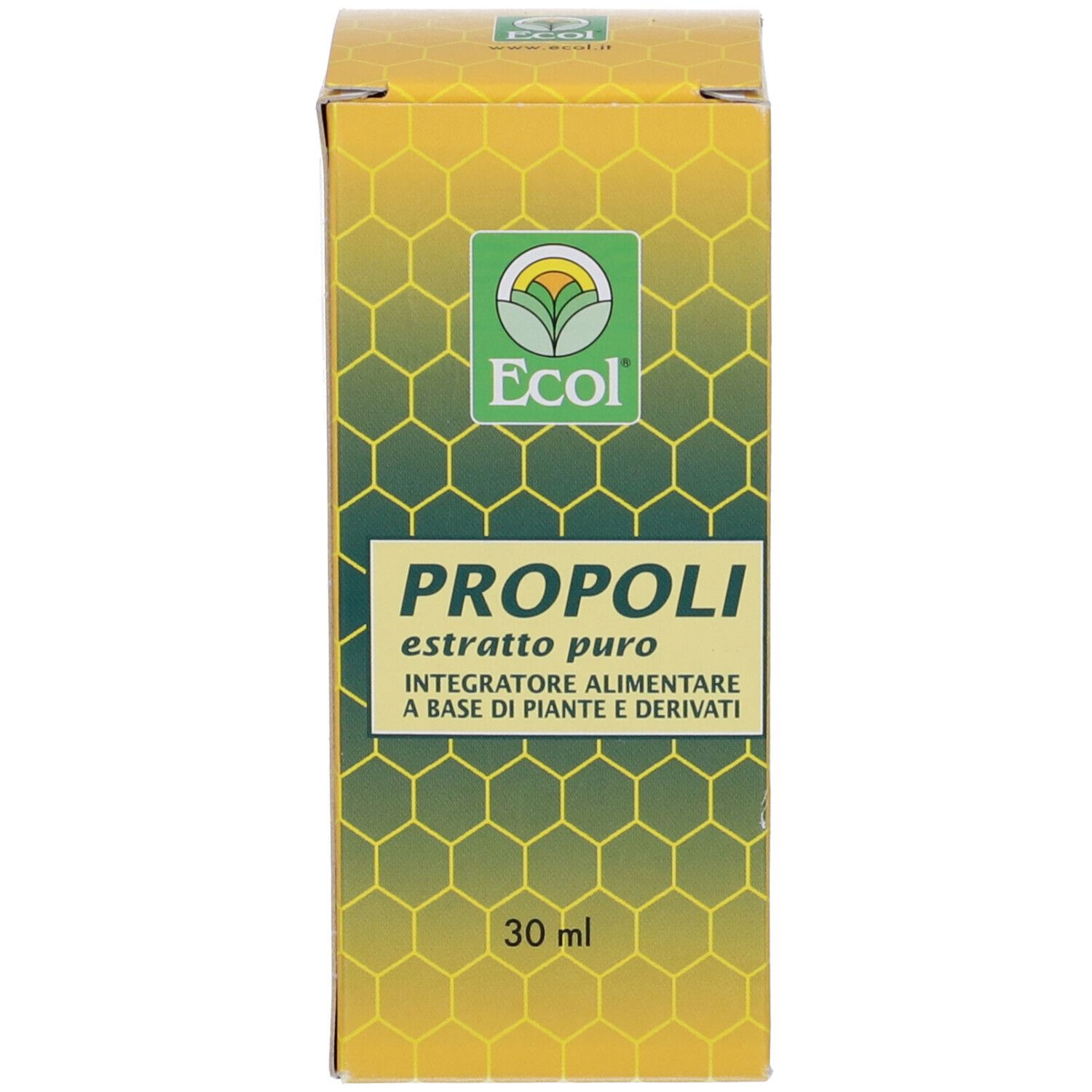 Confezione gialla con scritta: Propoli, 30 ml. Marchio: Ecol.