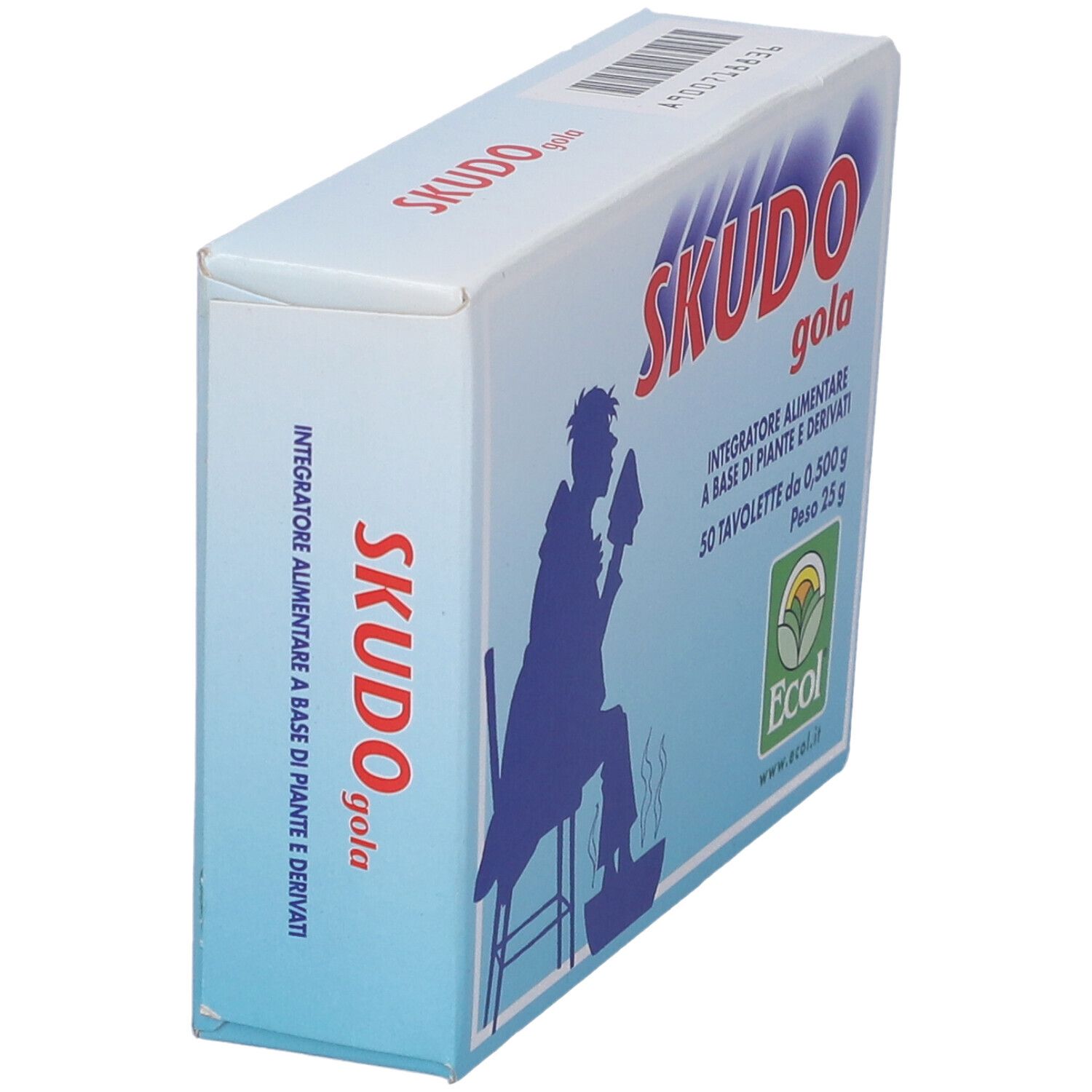 Scatola "SKUDO gola", vista laterale. Testo: "SKUDO gola", "Integratore alimentare". Logo Ecol.