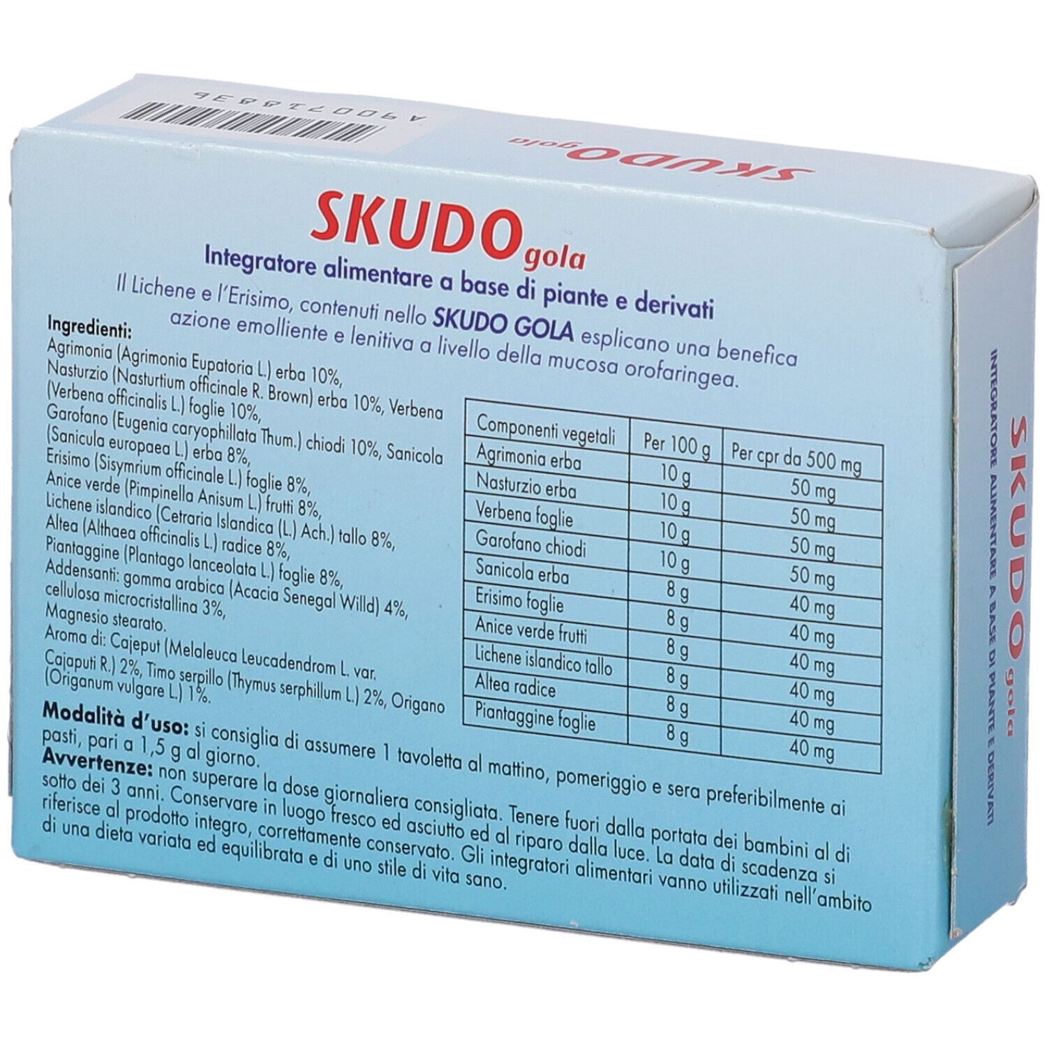 Retro della scatola "SKUDO gola". Testo: ingredienti, tabella nutrizionale, istruzioni per l'uso.