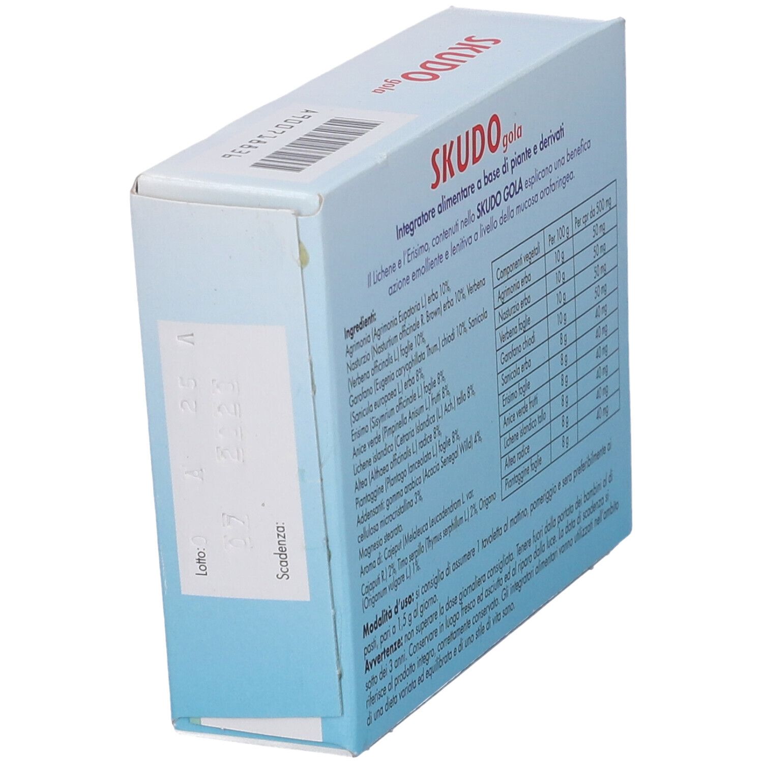 Scatola "SKUDO gola", in diagonale. Testo: ingredienti, tabella nutrizionale, istruzioni. Numero lotto e scadenza.