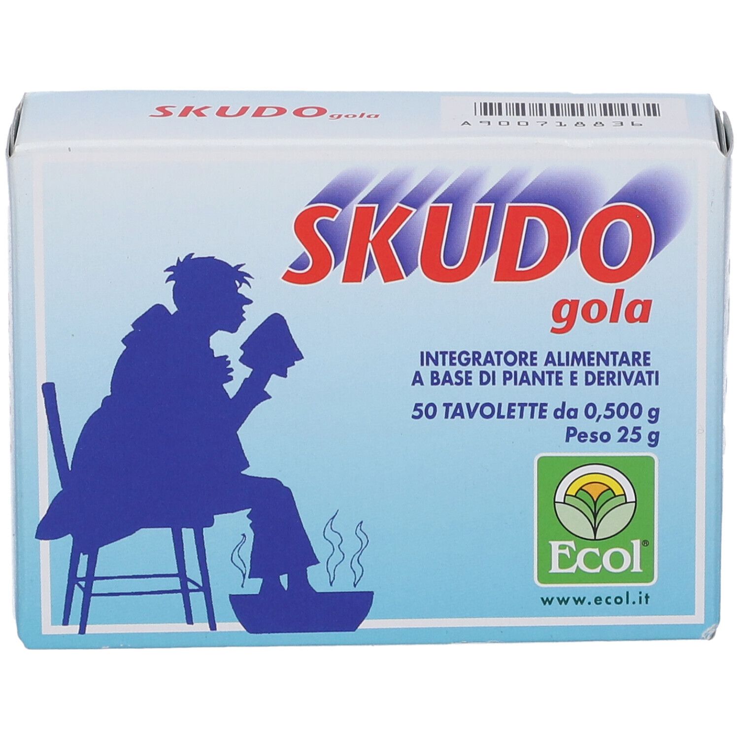 Scatola "SKUDO gola". Silhouette blu di una persona. Testo: 50 Tavolette, Peso 25 g. Logo Ecol.
