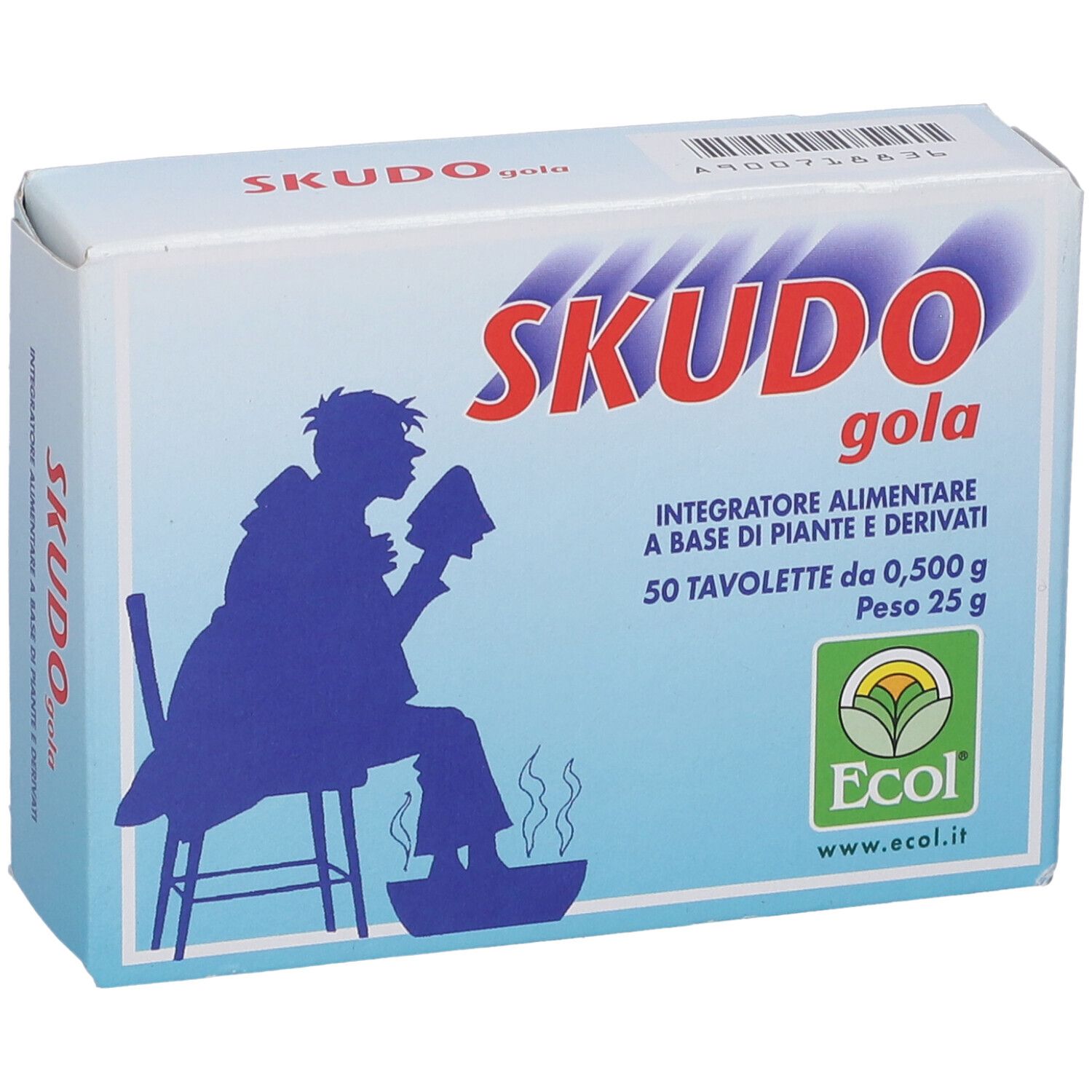 Scatola "SKUDO gola". Silhouette blu di una persona. Testo: 50 Tavolette, Peso 25 g. Logo Ecol.