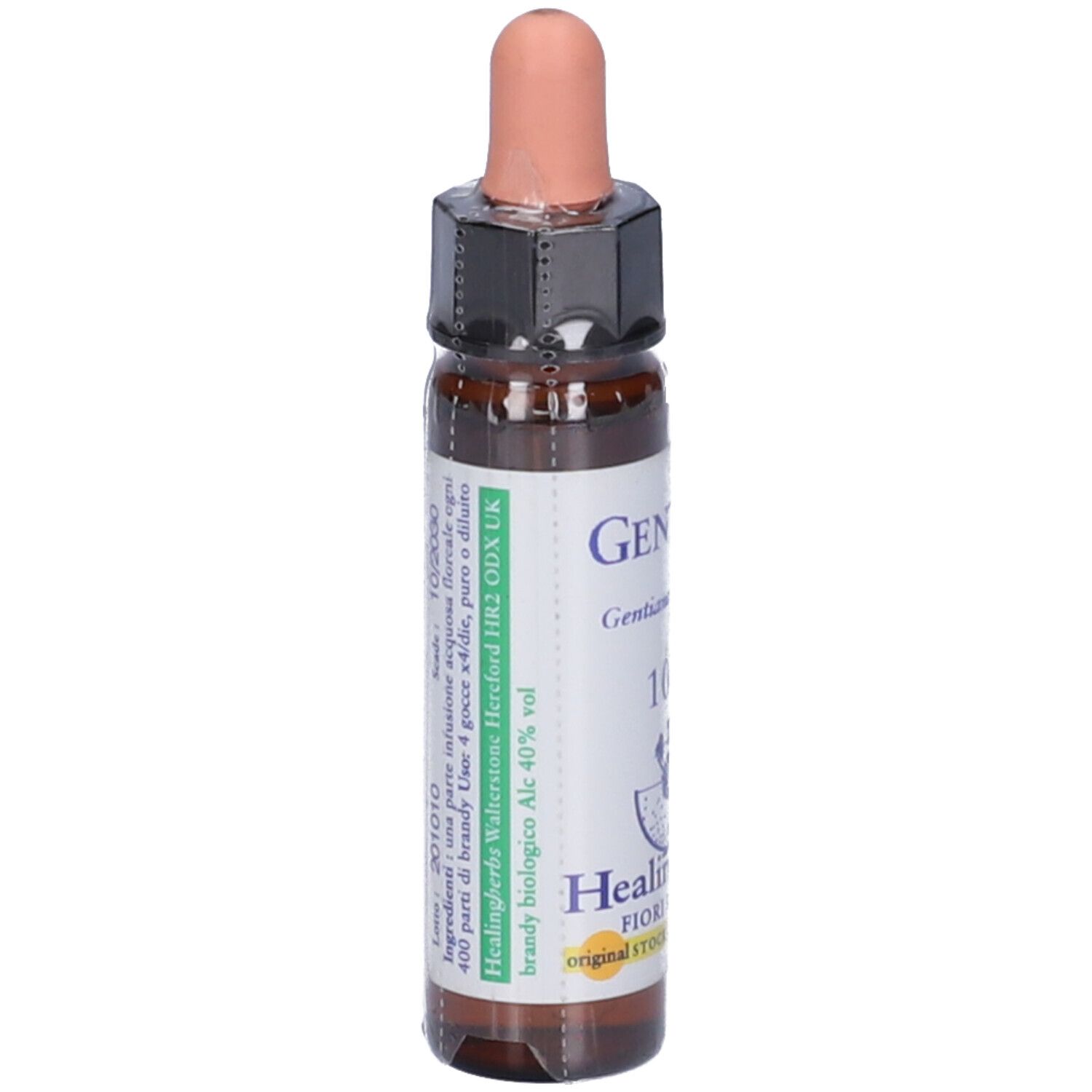 Flacone di vetro marrone con contagocce. Scritte: Gentian, 10ml, Healingherbs, Fiori di Bach. Etichetta con ingredienti.