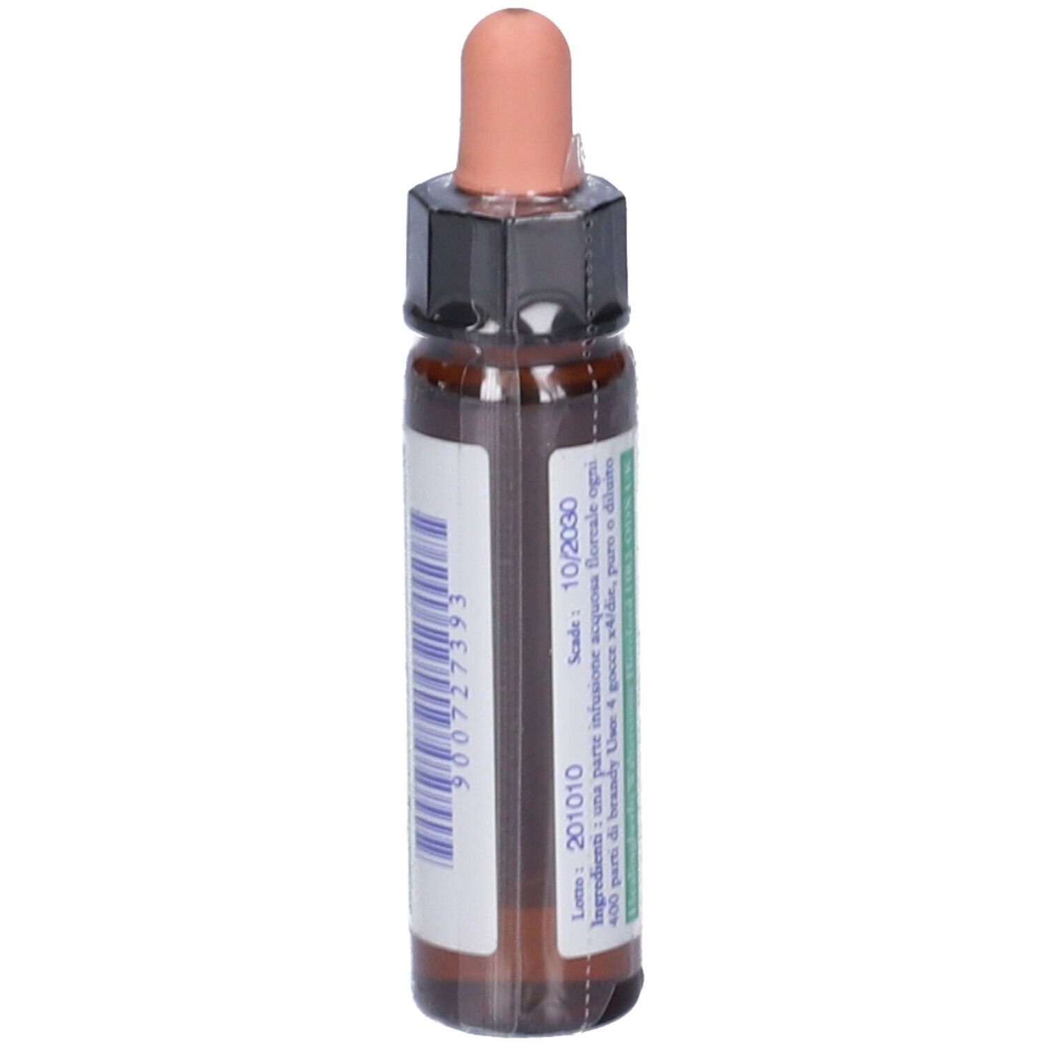 Flacone di vetro marrone con contagocce. Etichetta con codice a barre e numero di lotto. Scritte: Gentian, 10ml, Healingherbs.