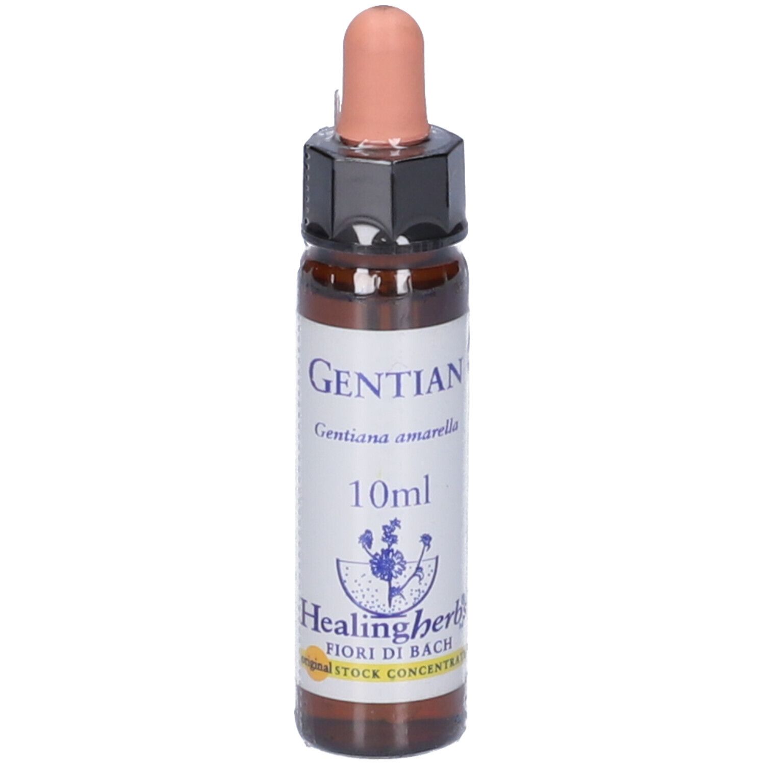 Flacone di vetro marrone con contagocce. Scritte: Gentian, 10ml, Healingherbs, Fiori di Bach.