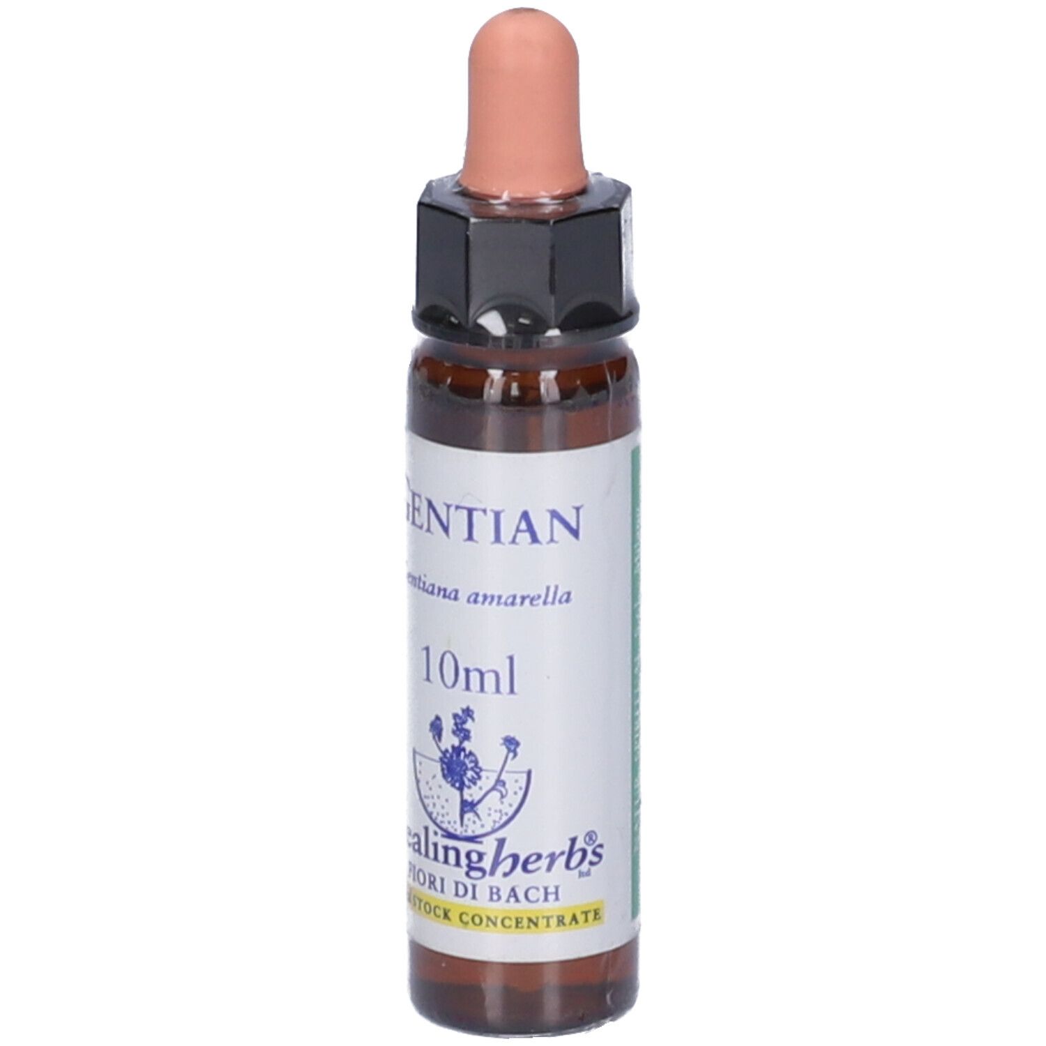 Flacone di vetro marrone con contagocce. Scritte: Gentian, 10ml, Healingherbs, Fiori di Bach.