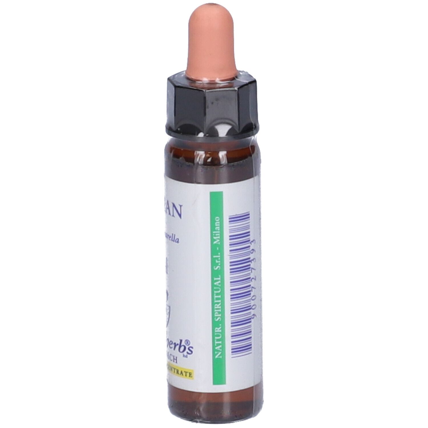 Flacone di vetro marrone con contagocce. Scritte: Gentian, 10ml, Healingherbs, Fiori di Bach. Etichetta con informazioni.