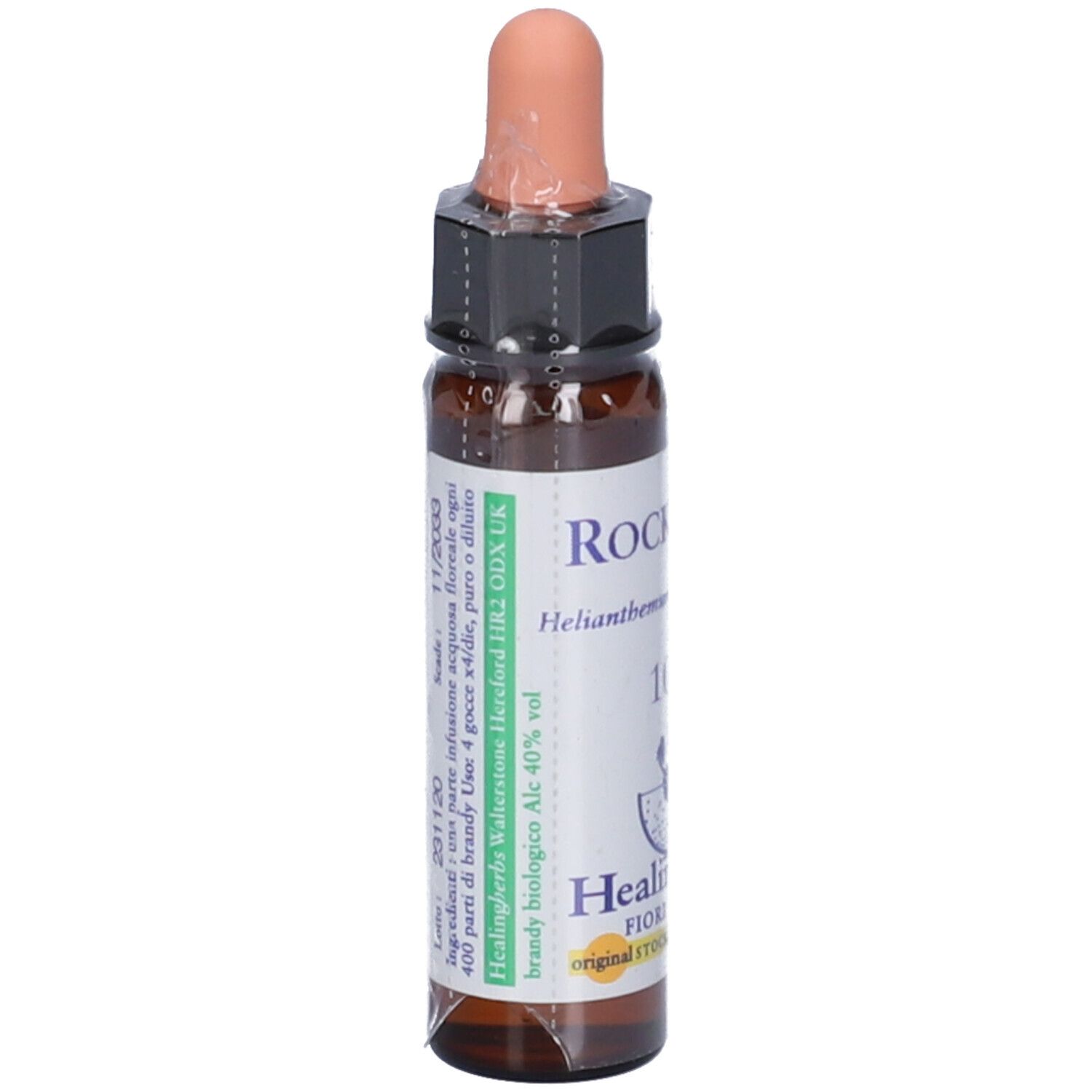 Flacone marrone con contagocce. Scritta: Rock Rose, 10ml, Healingherbs. Testo in inglese e italiano.