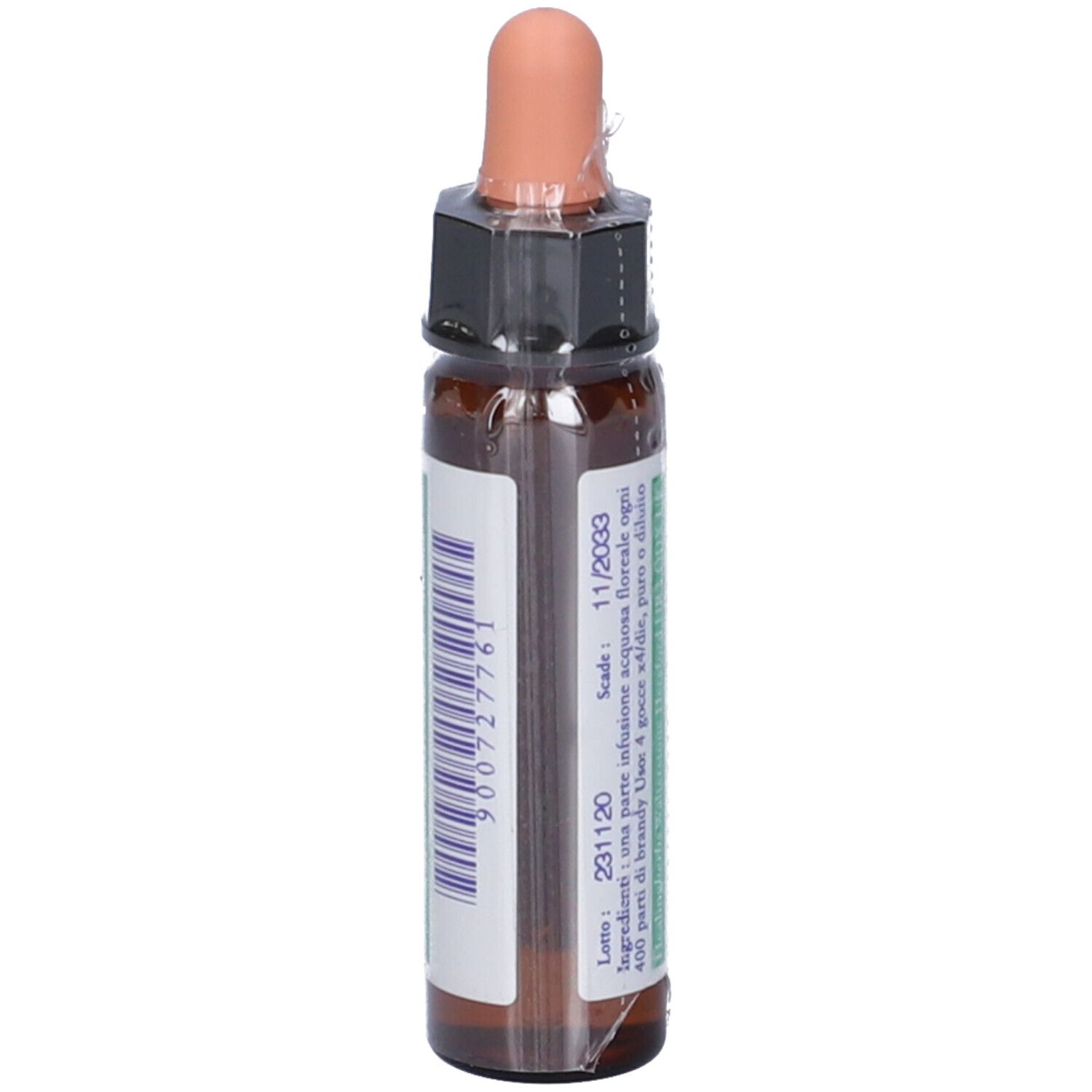 Flacone marrone con contagocce. Scritta: Rock Rose, 10ml, Healingherbs, Fiori di Bach. Numero di lotto.