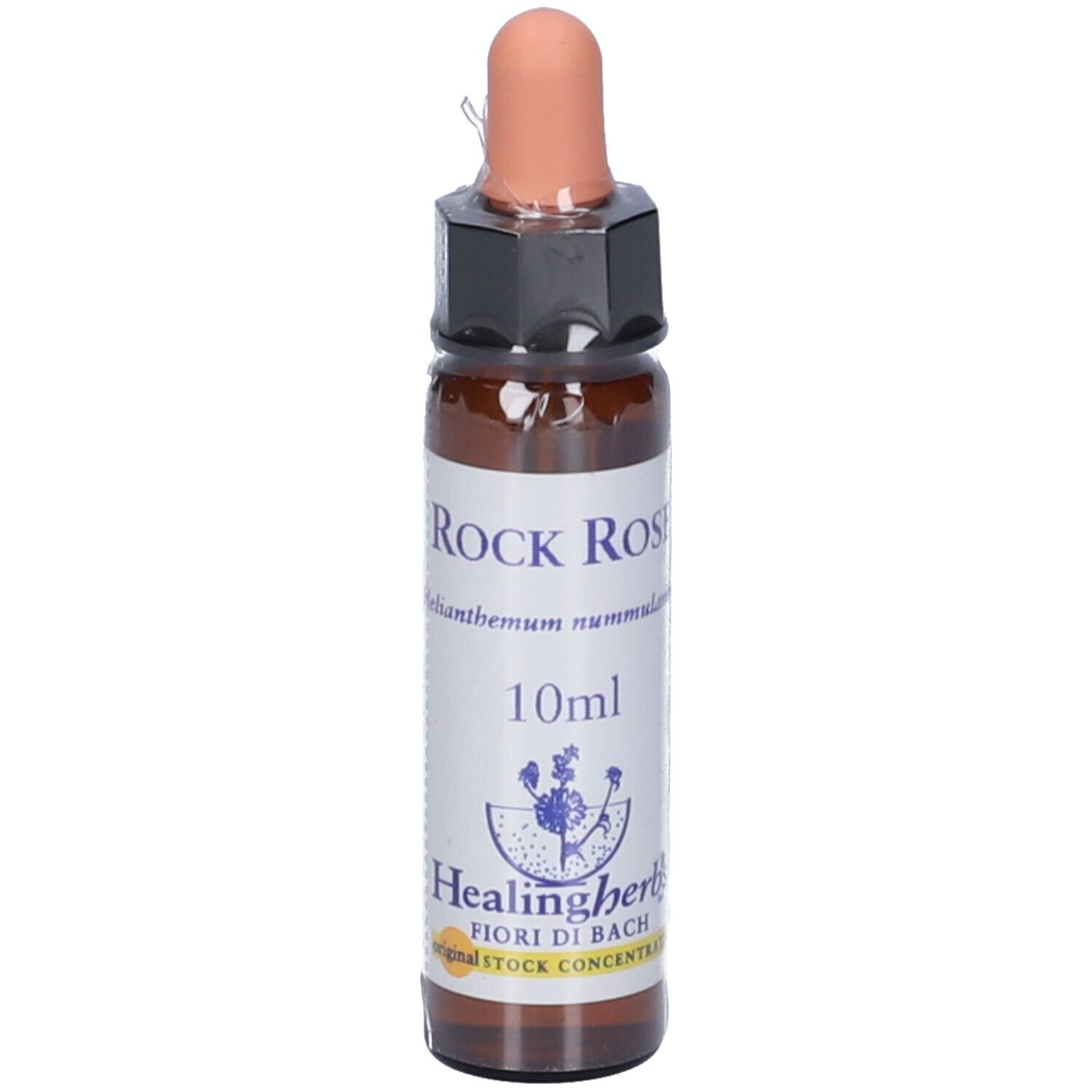 Flacone di vetro marrone con contagocce. Scritta: Rock Rose, 10ml, Healingherbs, Fiori di Bach.