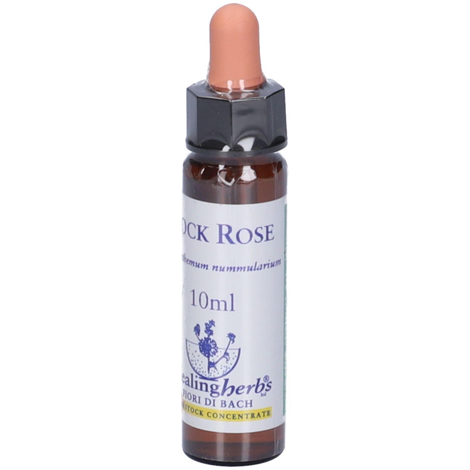 Flacone di vetro marrone con contagocce. Scritta: Rock Rose, 10ml, Healingherbs, Fiori di Bach.