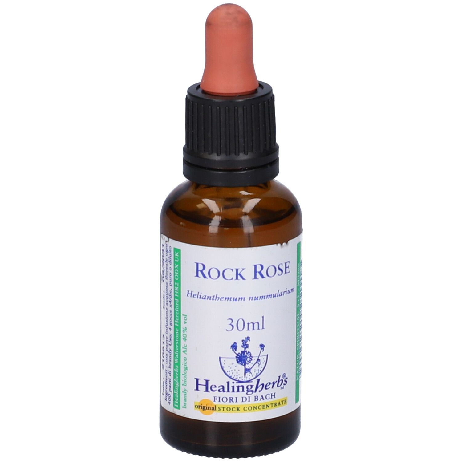 Flacone di vetro marrone con tappo nero e pipetta. Scritta Rock Rose, 30ml e logo. Etichetta con ulteriori informazioni.