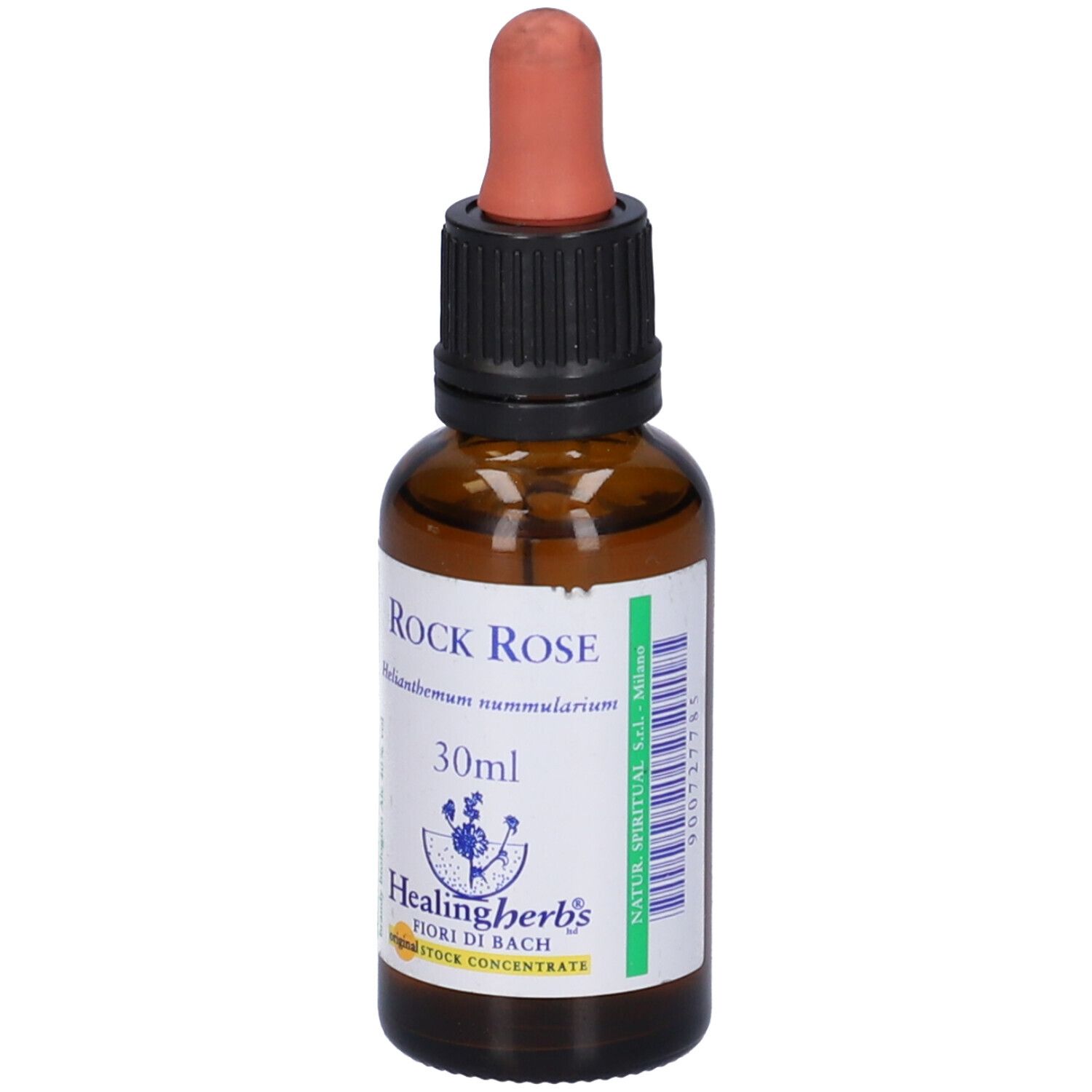 Flacone di vetro marrone con tappo nero e pipetta. Scritta Rock Rose, 30ml e logo. Etichetta con ulteriori informazioni.