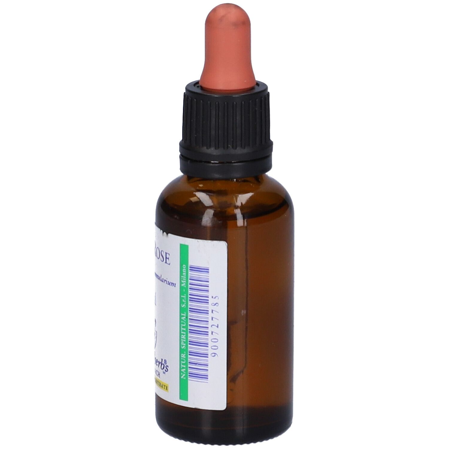 Flacone di vetro marrone con tappo nero e pipetta. Etichetta con informazioni sul prodotto e logo.