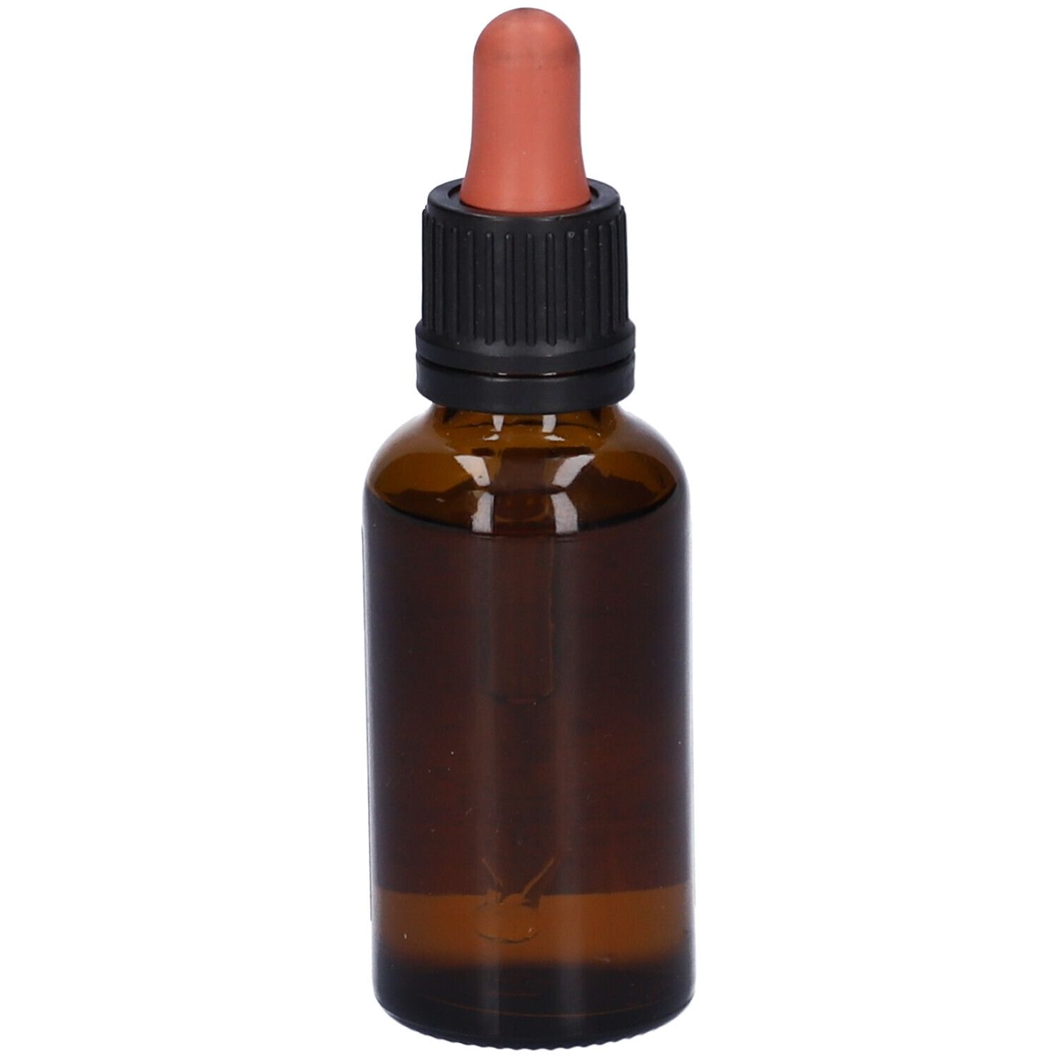 Flacone di vetro marrone con tappo nero e contagocce. Nessuna scritta visibile.