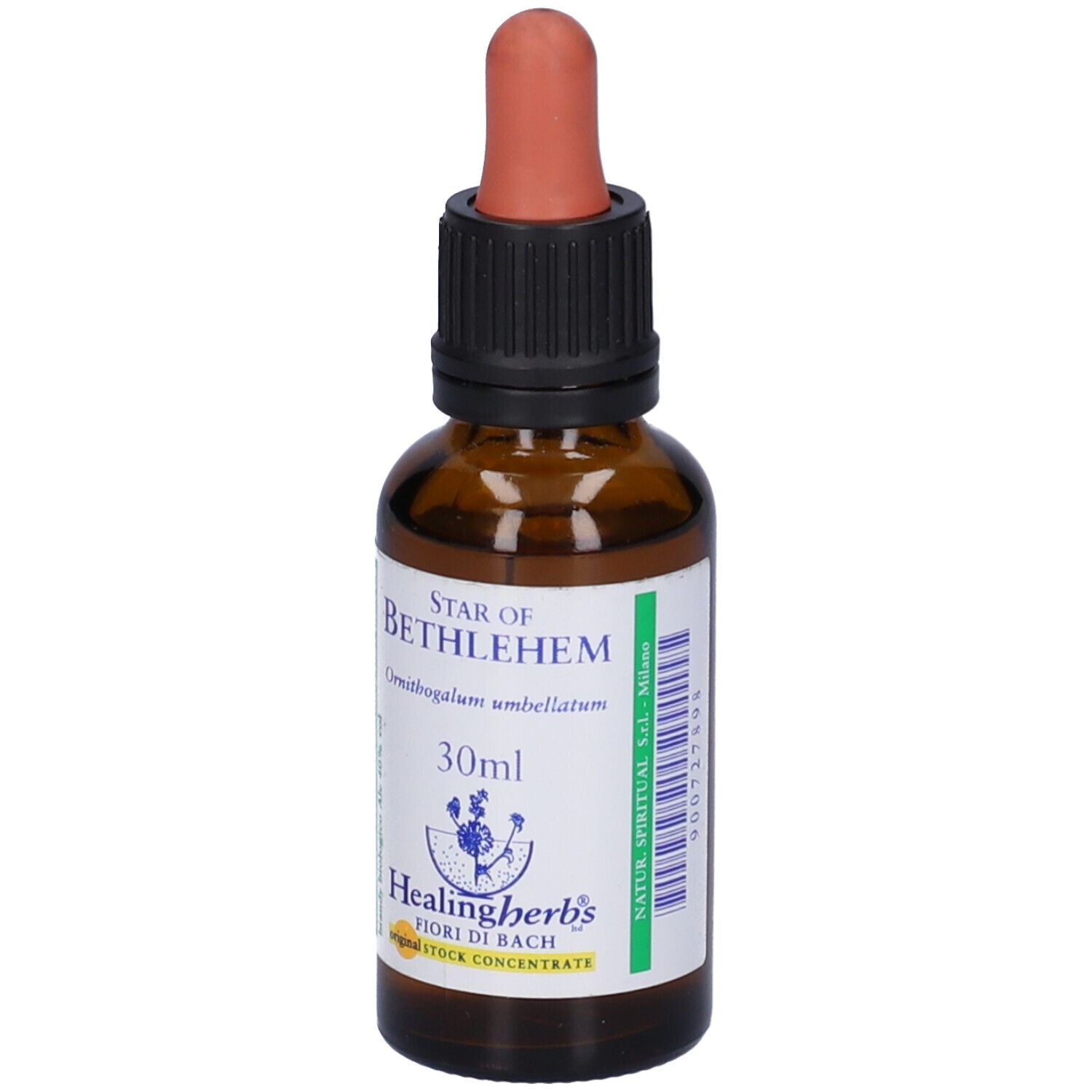Flacone di vetro marrone con contagocce. Scritta: Star of Bethlehem, 30ml, Healing Herbs.