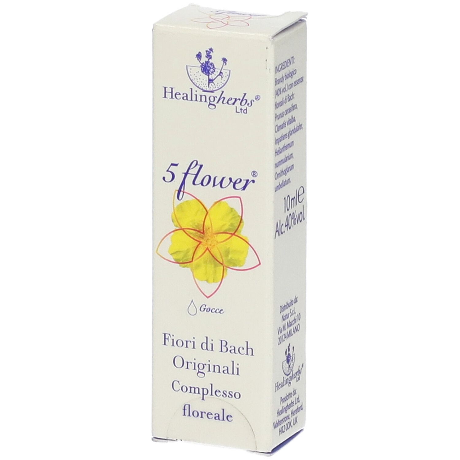 Scatola bianca con fiore giallo e scritta: 5 flower, 10ml. Marchio: Healingherbs. Contiene gocce.