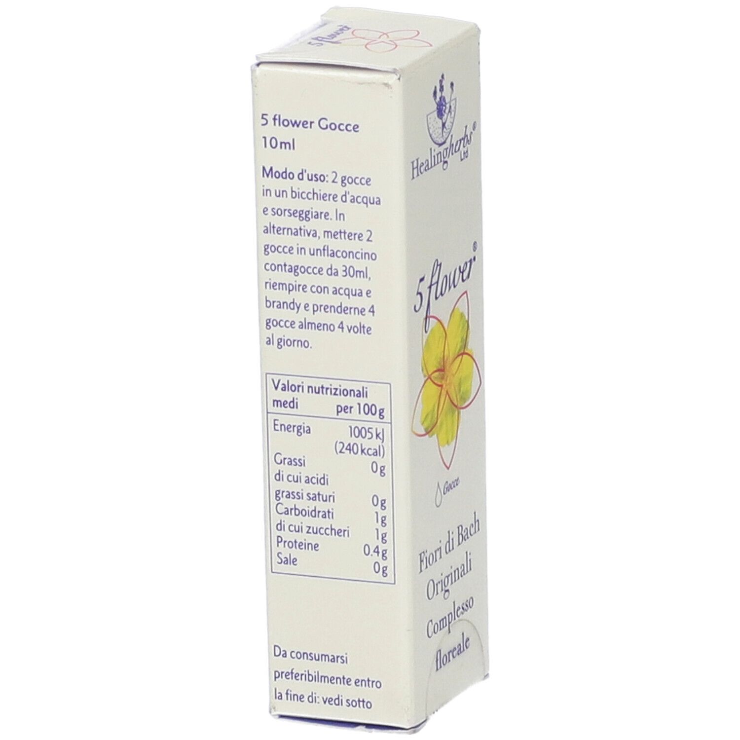 Scatola bianca con fiore giallo e informazioni nutrizionali. Scritta: 5 flower, 10ml. Marchio: Healingherbs.