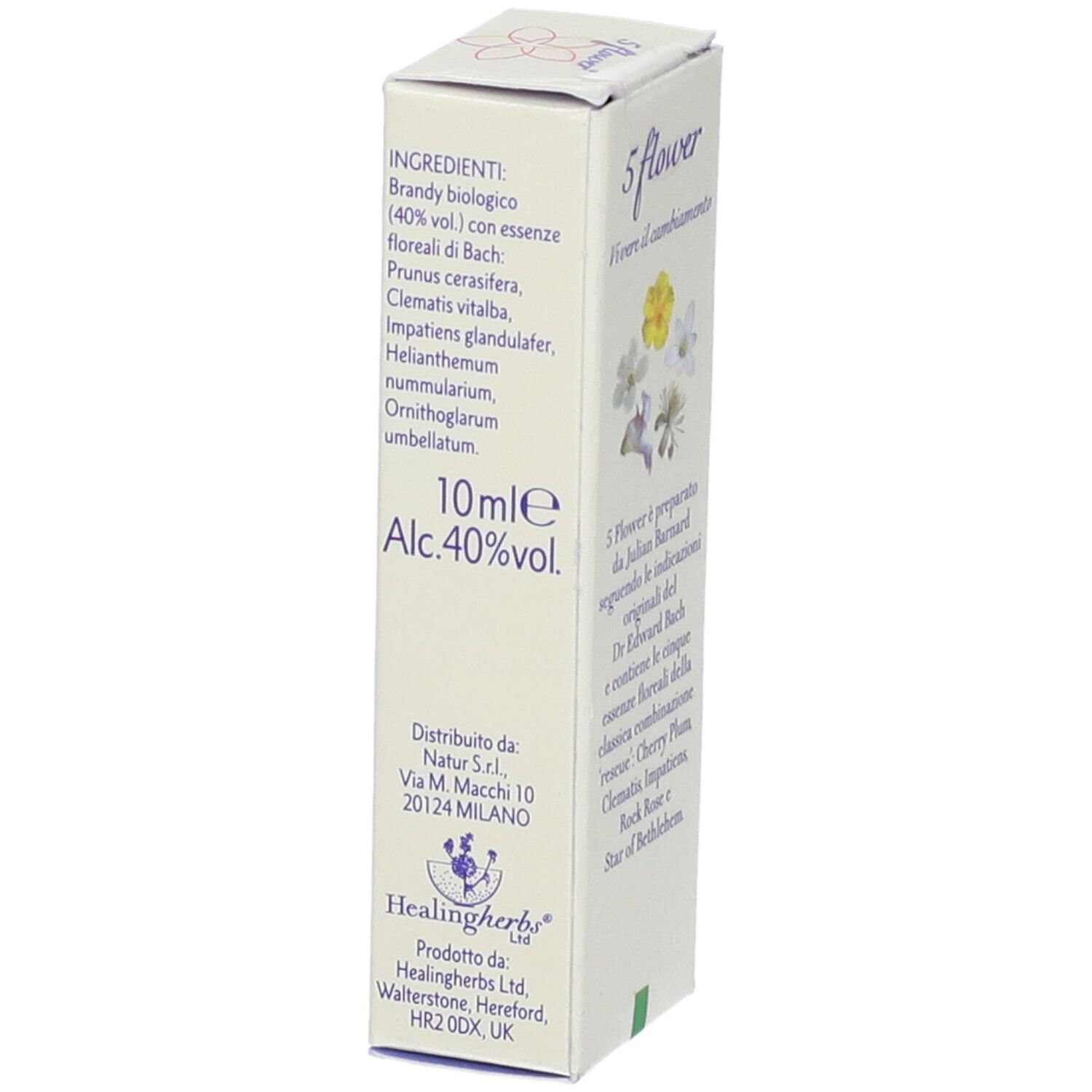 Scatola bianca con fiore giallo e ingredienti. Scritta: 5 flower, 10ml. Marchio: Healingherbs. 40% alcol.