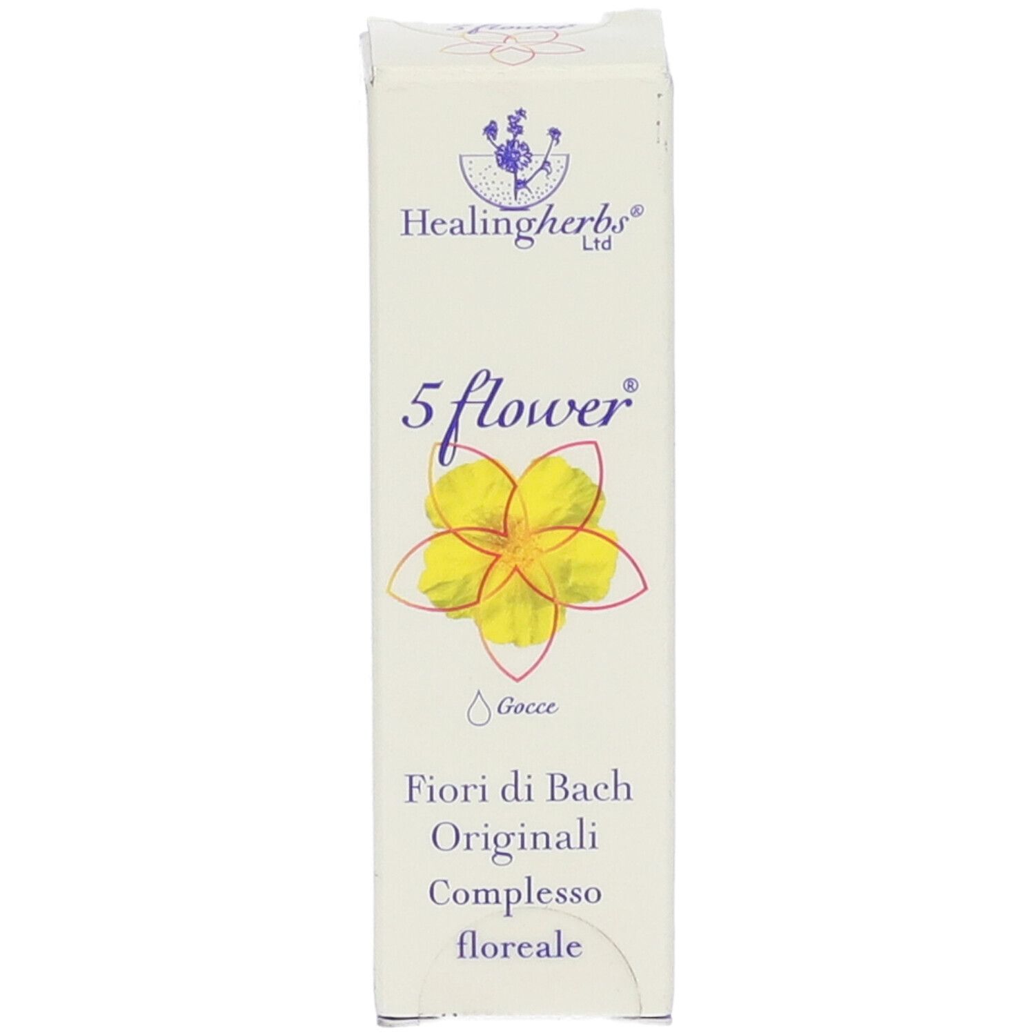 Scatola bianca con fiore giallo e simbolo goccia. Scritta: 5 flower, 10ml. Marchio: Healingherbs. Fiori di Bach.
