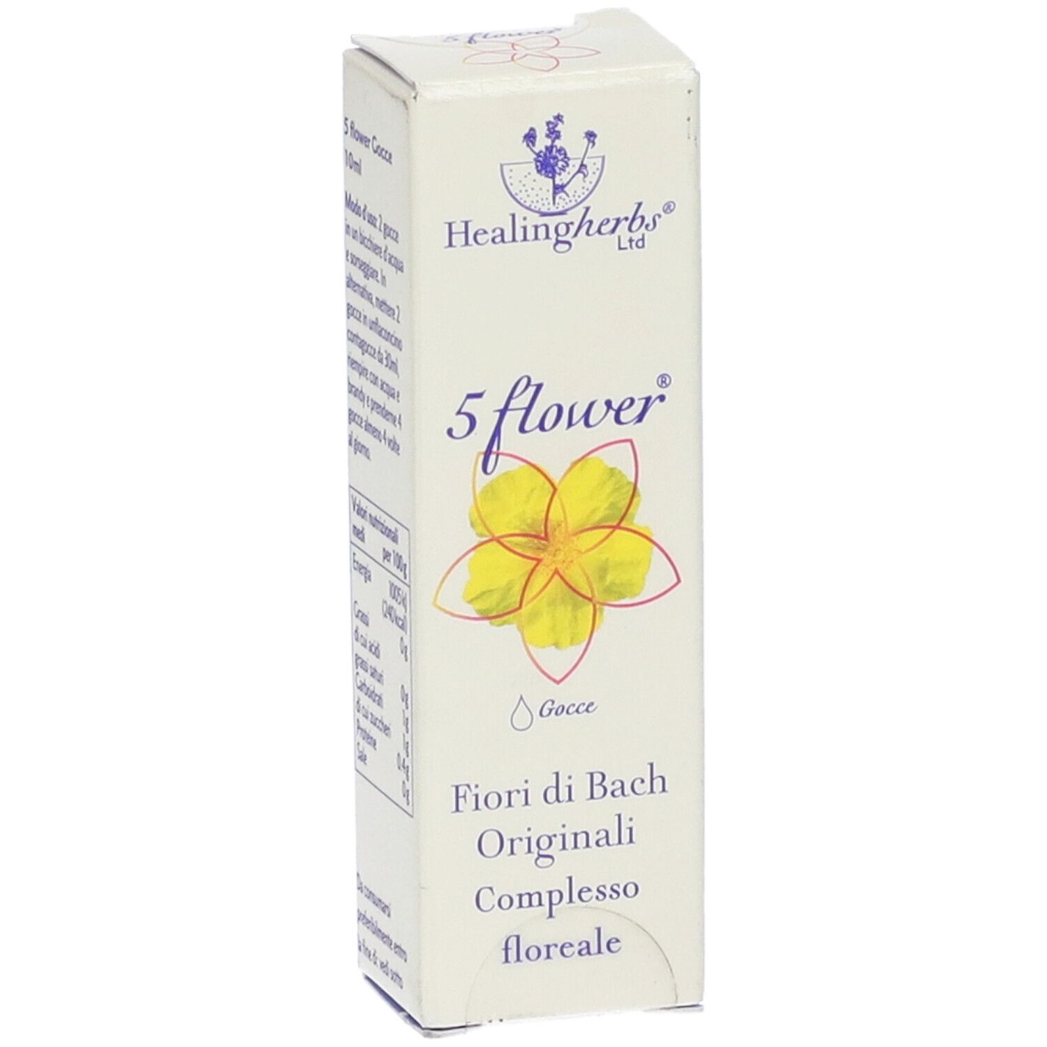 Scatola bianca con fiore giallo e simbolo goccia. Scritta: 5 flower, 10ml. Marchio: Healingherbs. Fiori di Bach.