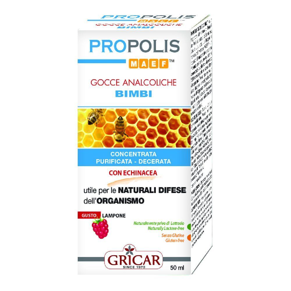 Scatola PROPOLIS MAEF, Gocce Analcoliche Bimbi. Gusto lampone, con echinacea. Marchio GRICAR. Contiene 50 ml.