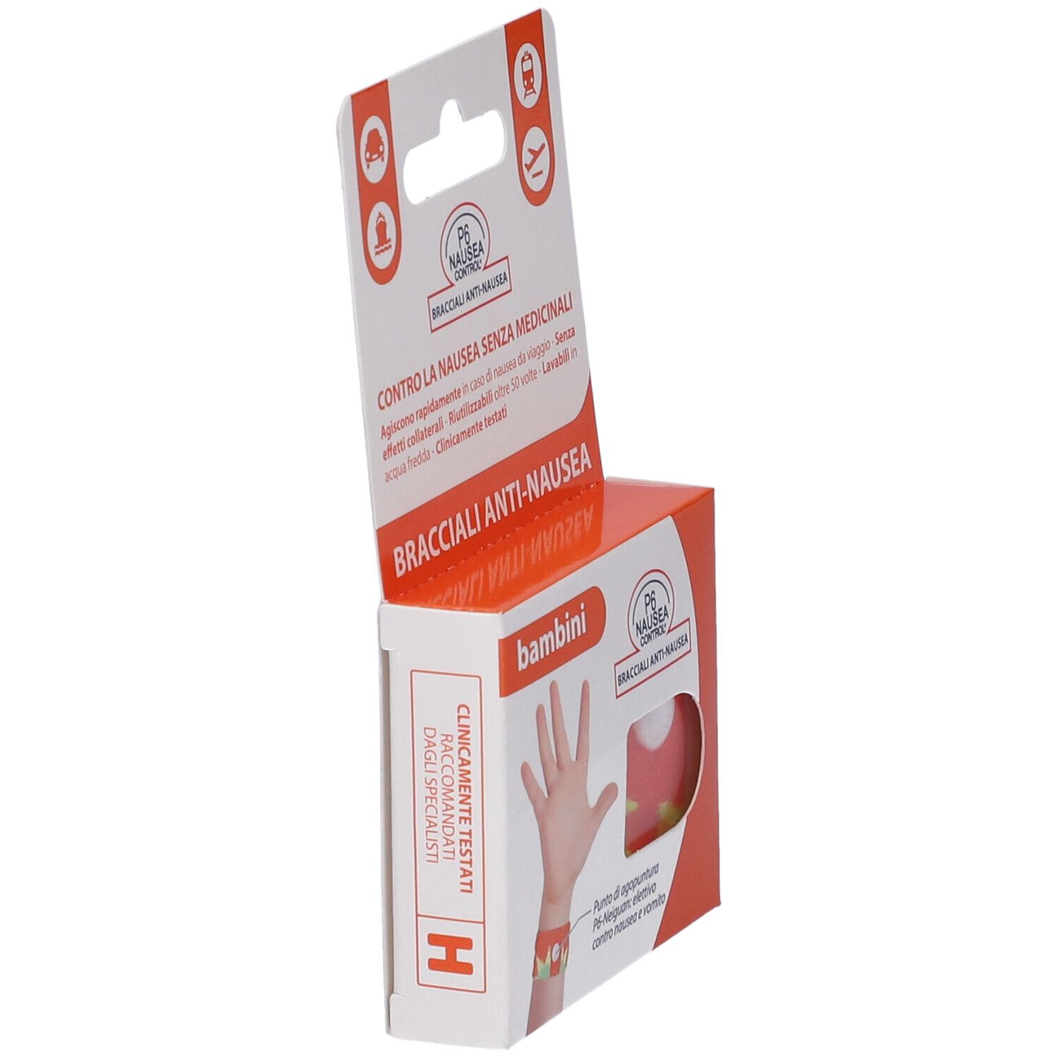 Scatola di braccialetti anti-nausea per bambini. Aperta, mostra l'immagine del prodotto e il testo. P6 Nausea Control.