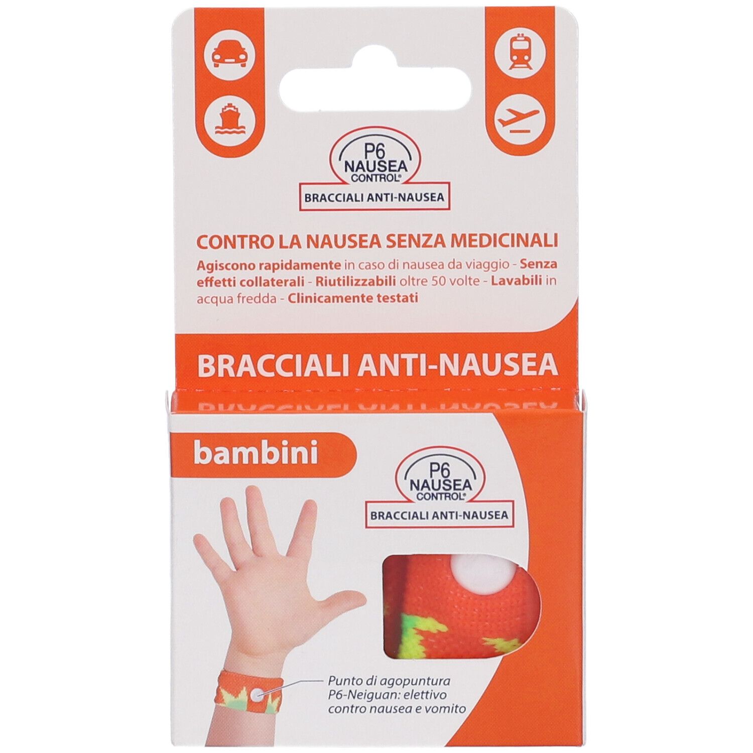 Confezione di braccialetti anti-nausea per bambini. Scatola arancione con immagine del prodotto e testo. P6 Nausea Control.