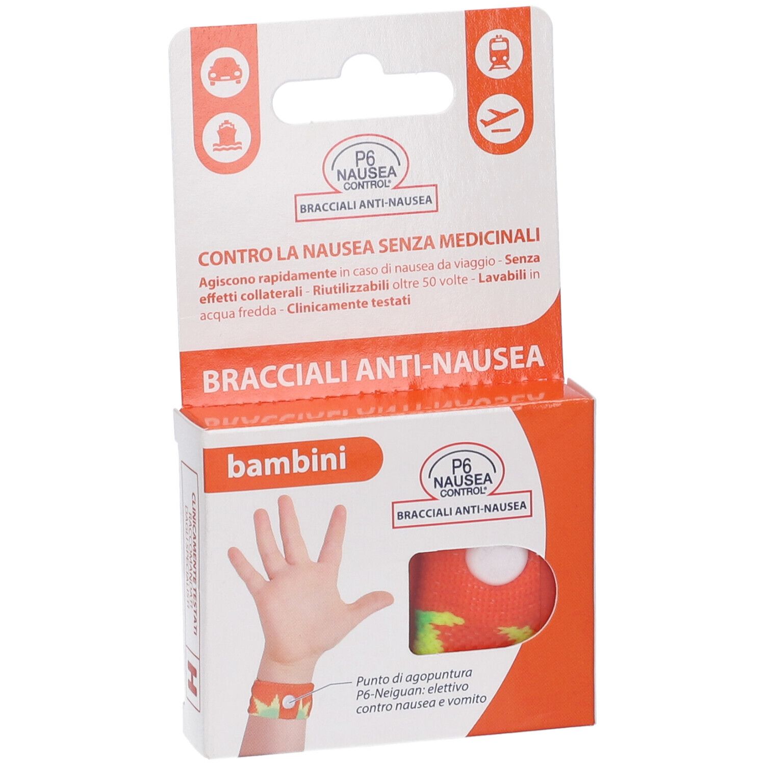 Confezione di braccialetti anti-nausea per bambini. Scatola arancione con immagine del prodotto e testo. P6 Nausea Control.