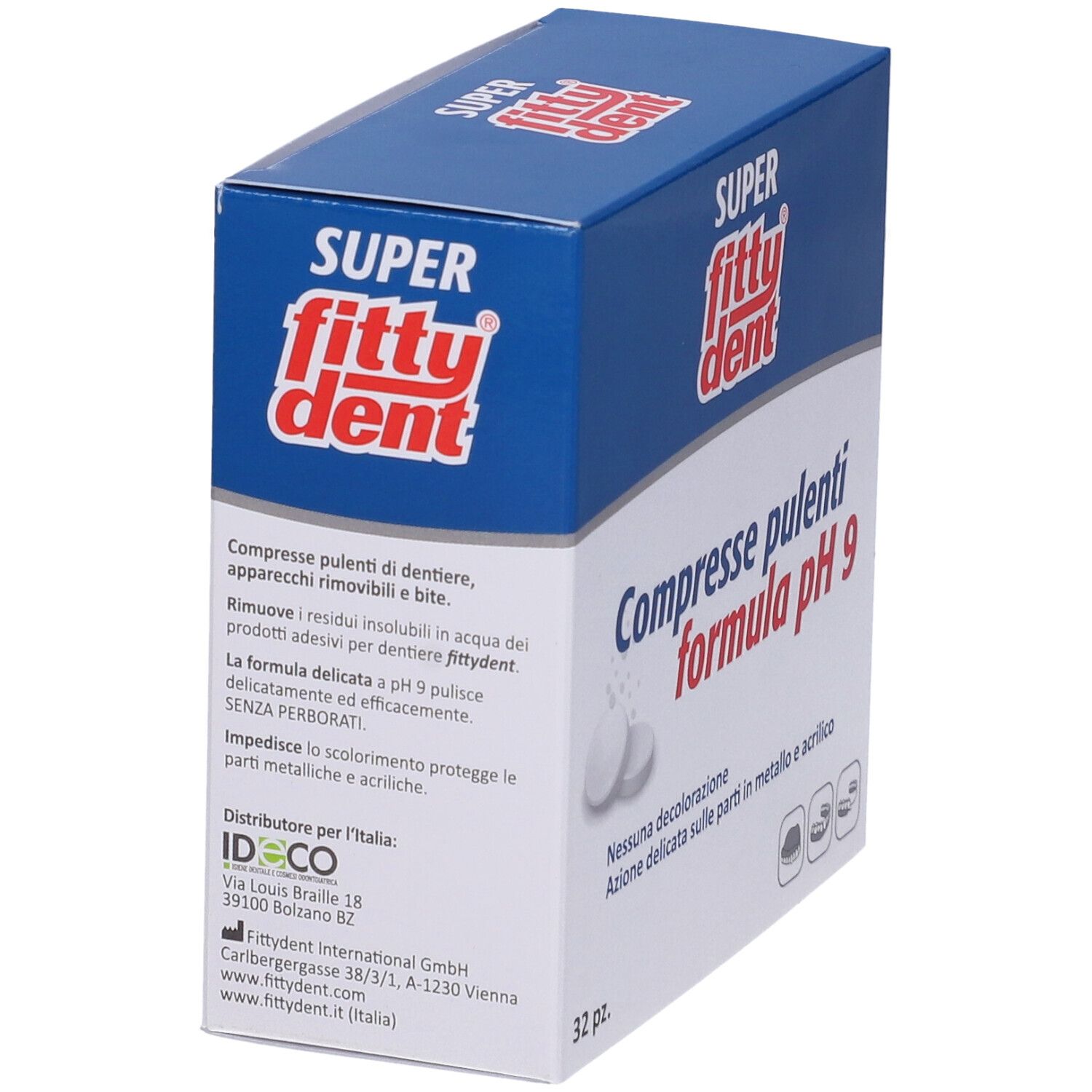Scatola con logo "Super Fittydent". Testo: "Compresse pulenti formula pH 9". Contiene 32 compresse. Marchio CE. Vista laterale.