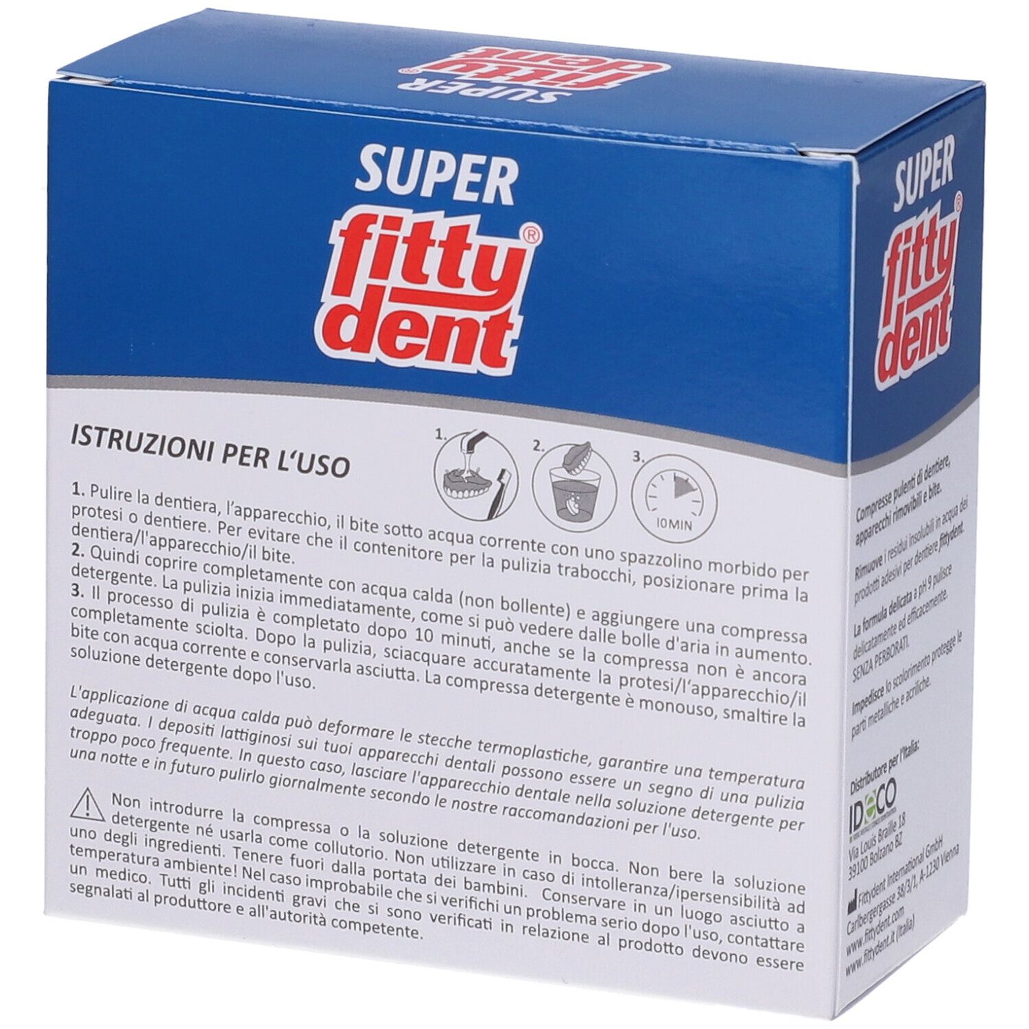 Retro della scatola con logo "Super Fittydent". Istruzioni per l'uso con pittogrammi. Testo in italiano.