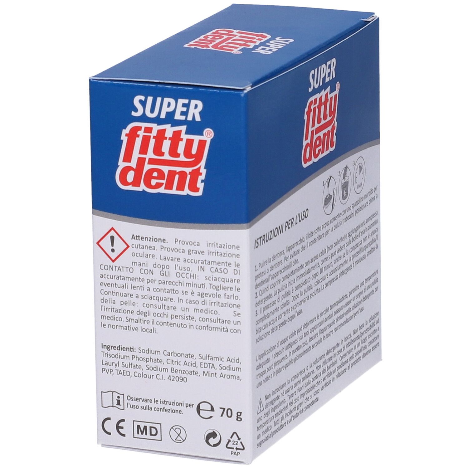Scatola con logo "Super Fittydent". Avvertenze e ingredienti. Testo in italiano. Marchio CE e MD.