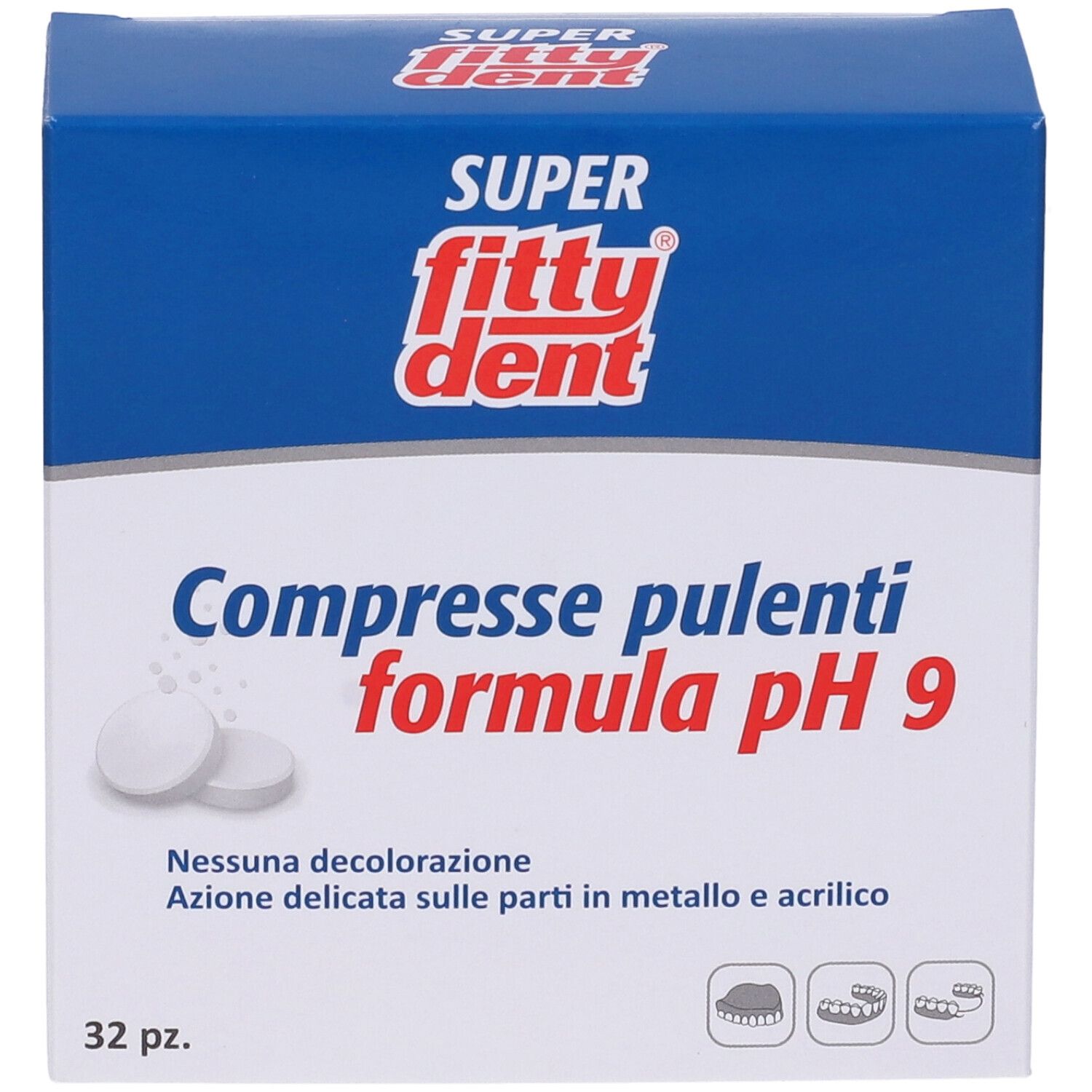 Scatola blu e bianca con logo "Super Fittydent". Testo: "Compresse pulenti formula pH 9". Contiene 32 compresse. Marchio CE.