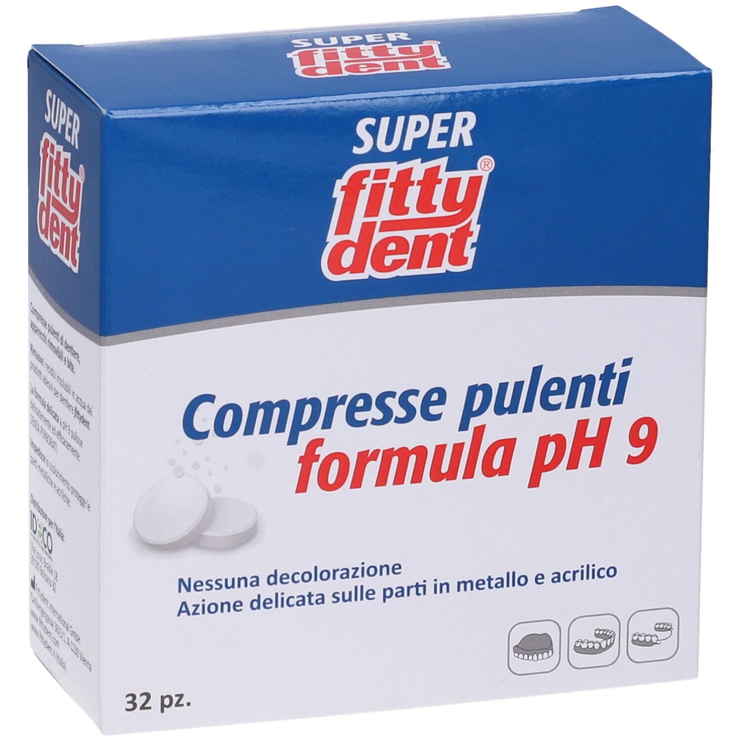 Scatola blu e bianca con logo "Super Fittydent". Testo: "Compresse pulenti formula pH 9". Contiene 32 compresse. Marchio CE.