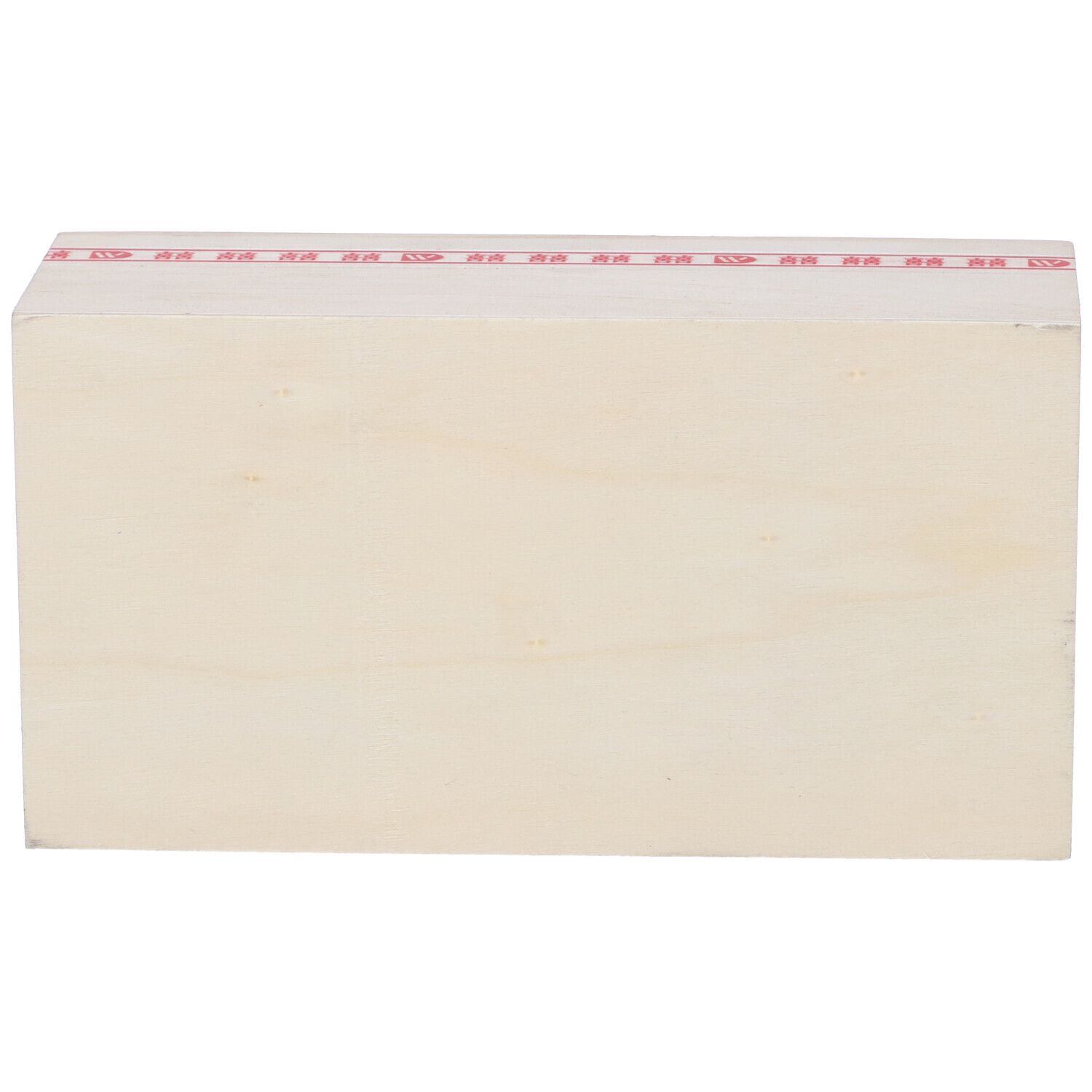 Scatola di legno chiusa. Striscia rossa con testo in alto. Venature del legno visibili.