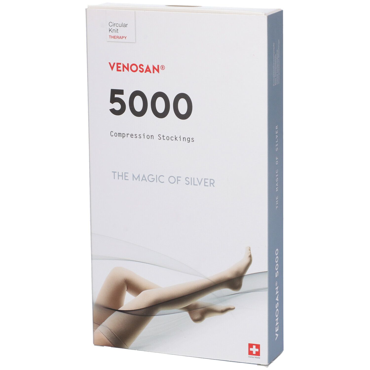 Confezione di calze a compressione Venosan 5000. Scritte: Venosan, 5000, Compression Stockings, The Magic of Silver. Croce svizzera.