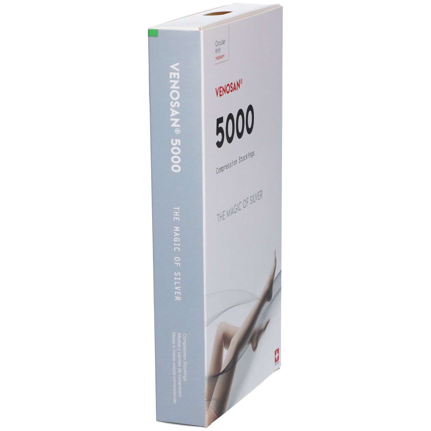 Confezione di calze a compressione Venosan 5000. Scritte: Venosan 5000, The Magic of Silver. Croce svizzera. Vista laterale.