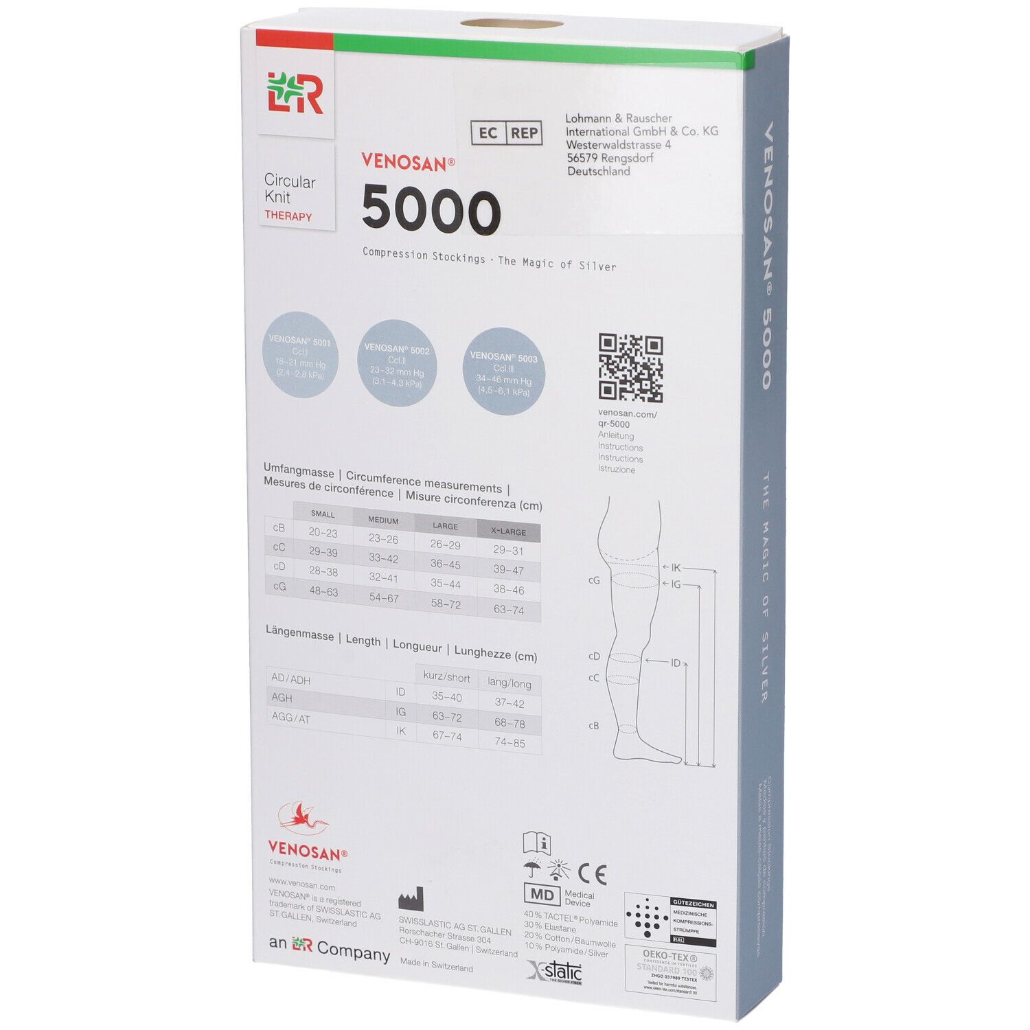 Retro della confezione di calze a compressione Venosan 5000. Scritte: Venosan 5000, tabella taglie, codice QR, certificazioni.