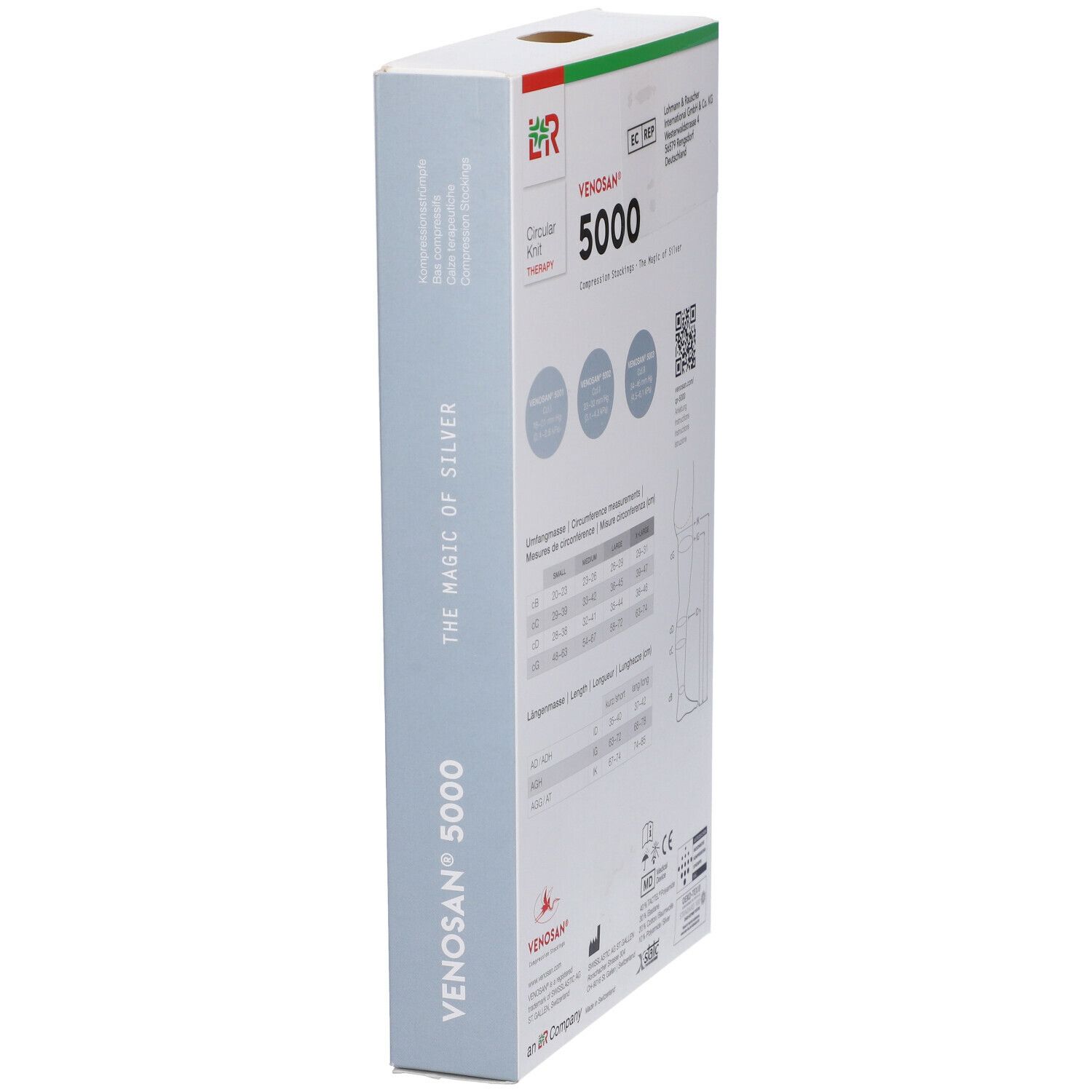 Confezione di calze a compressione Venosan 5000. Scritte: Venosan 5000, The Magic of Silver. Vista laterale.