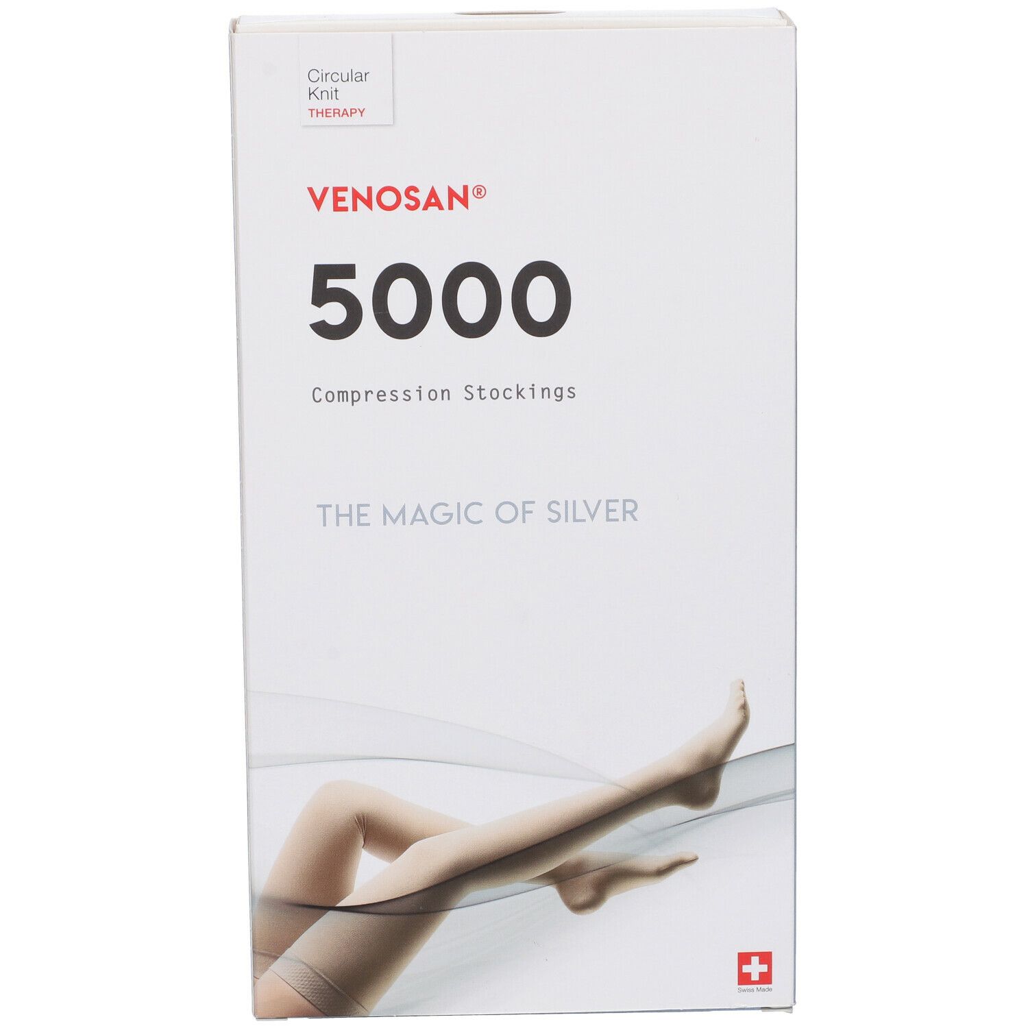 Confezione di calze a compressione Venosan 5000. Scritte: Venosan, 5000, Compression Stockings, The Magic of Silver. Croce svizzera.