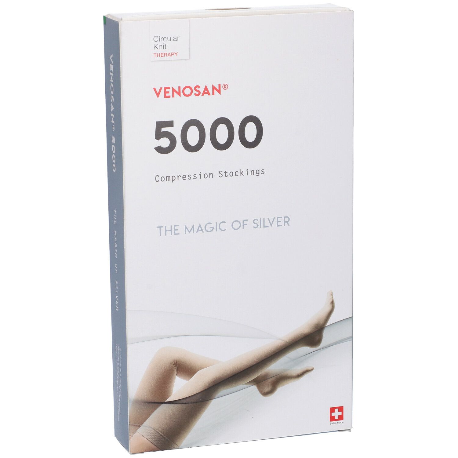 Confezione di calze a compressione Venosan 5000. Scritte: Venosan, 5000, Compression Stockings, The Magic of Silver. Croce svizzera.